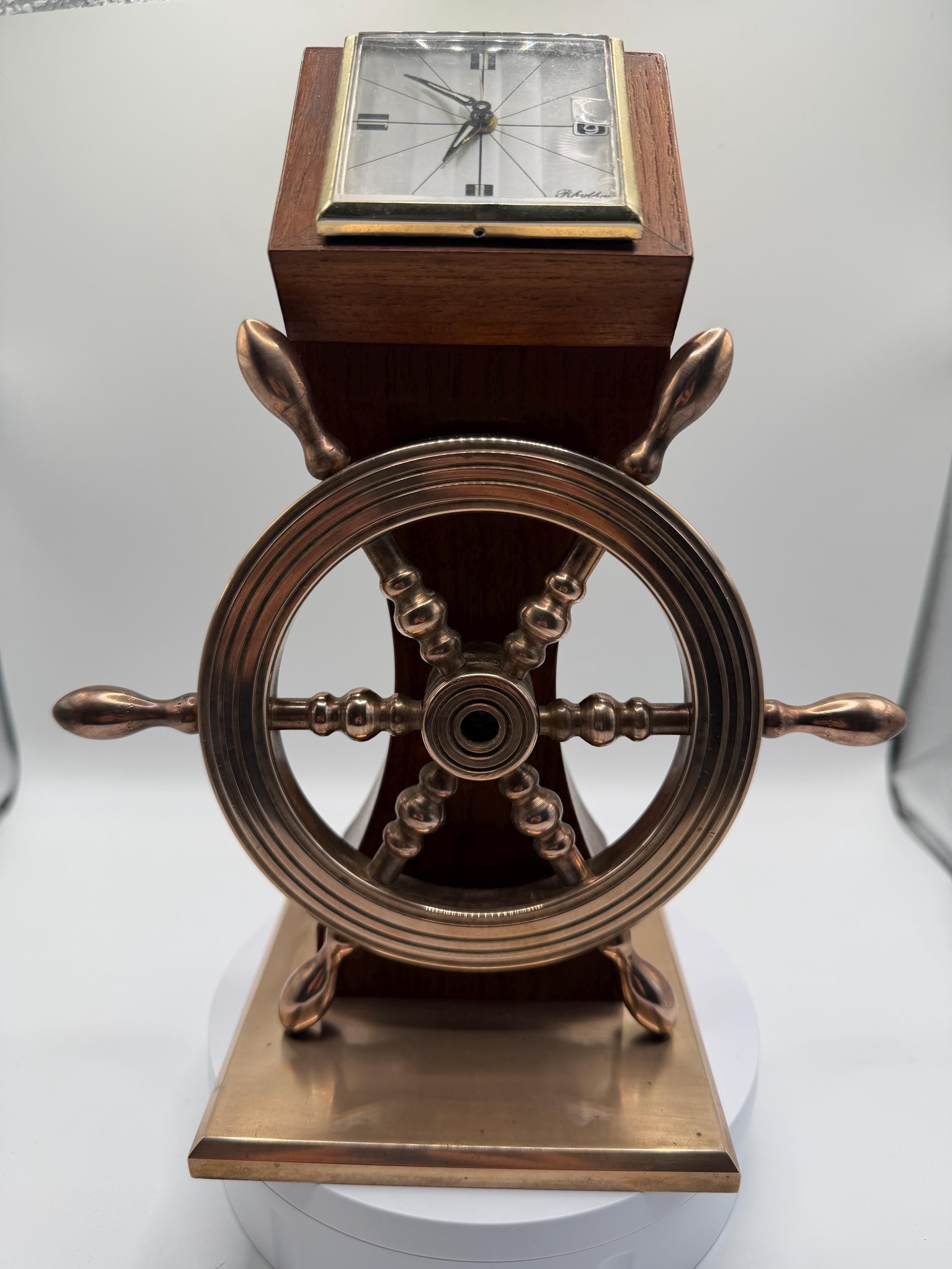 Vintage Rhythm Nautical Ship Wheel Clock | Brass Maritime Desk Clock | Oak and Brass Nautical Decor | Vintage Office & Study Clock