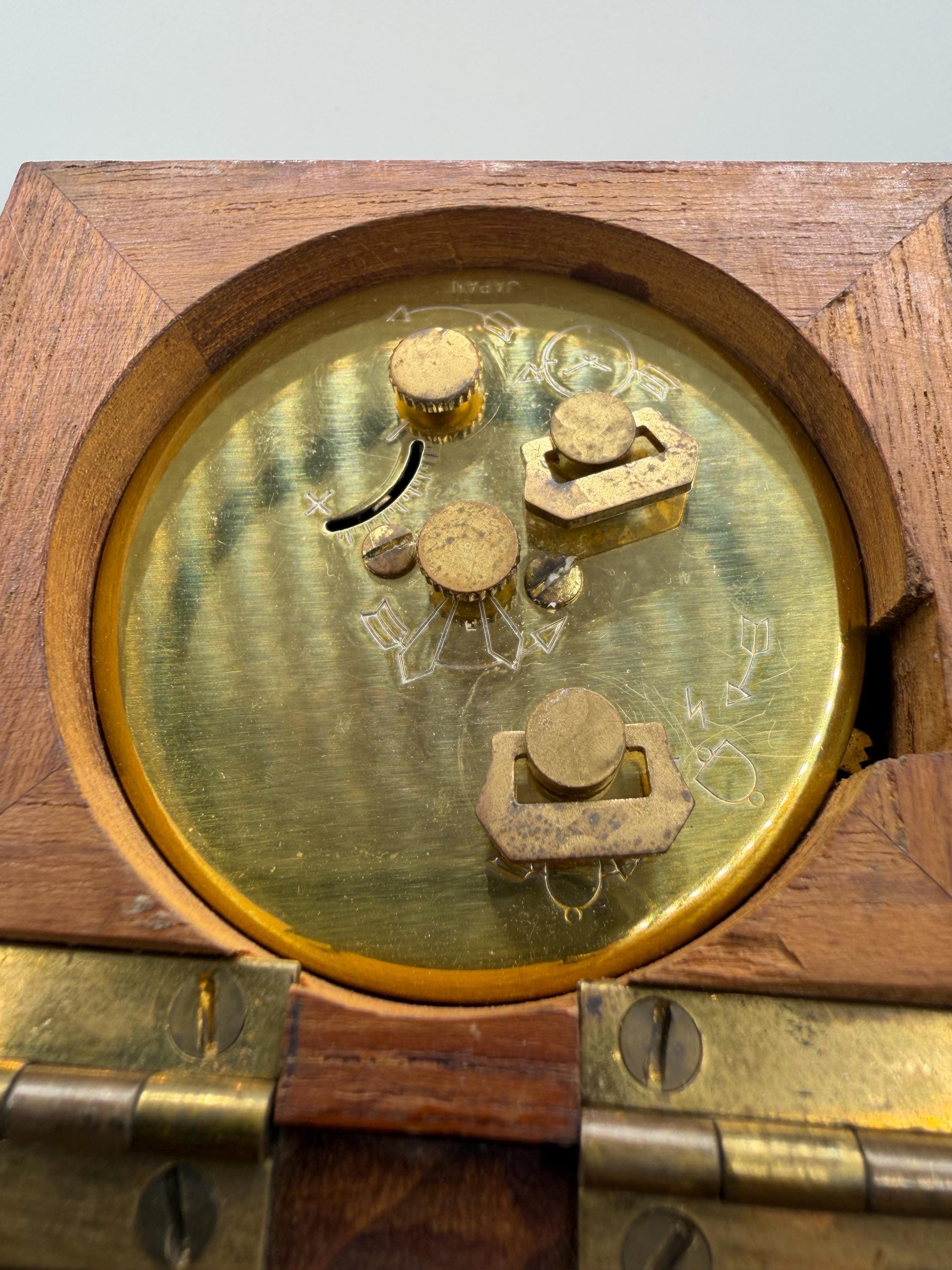 Vintage Rhythm Nautical Ship Wheel Clock | Brass Maritime Desk Clock | Oak and Brass Nautical Decor | Vintage Office & Study Clock