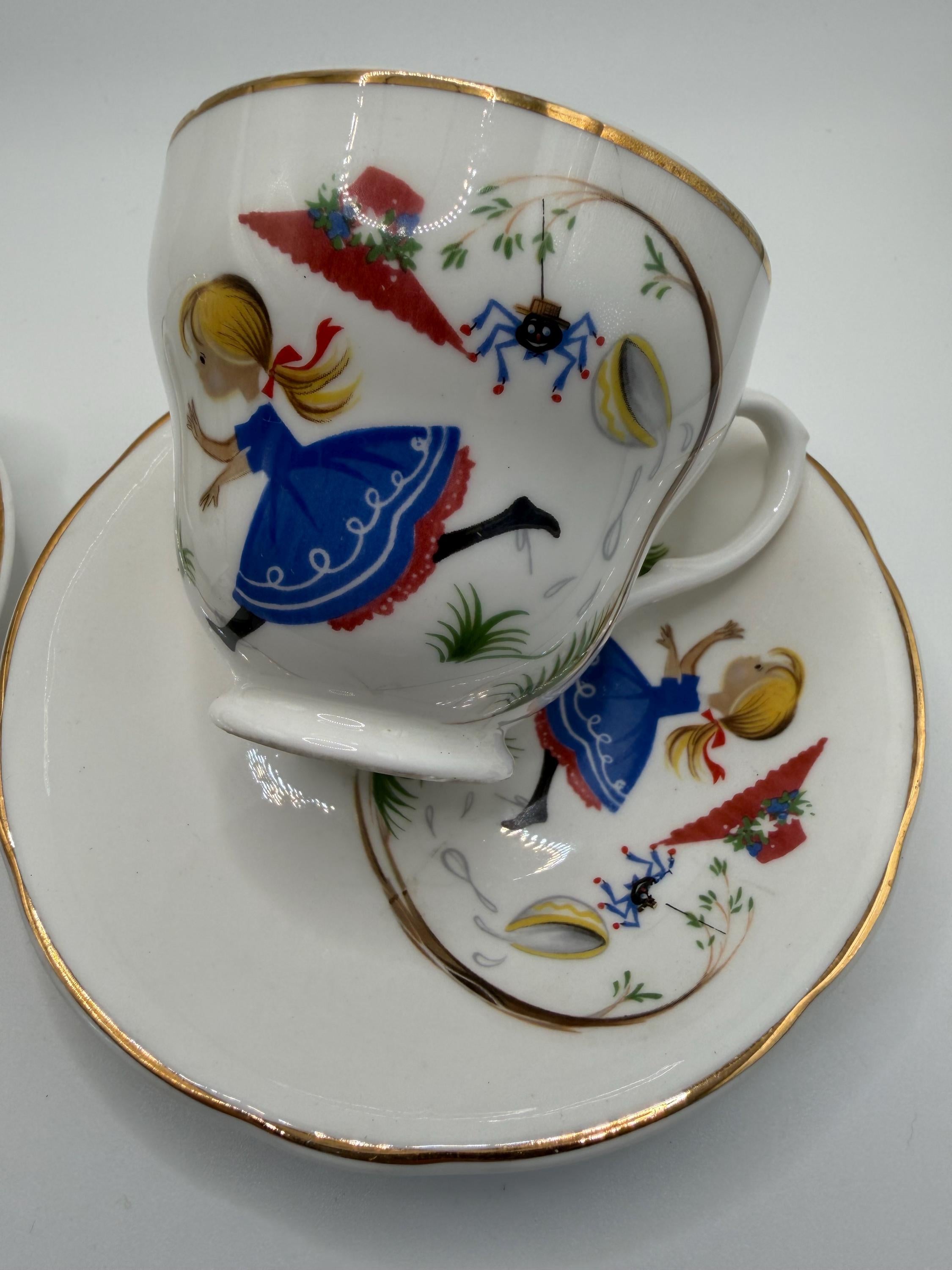 Vintage Staffordshire Bone China Nursery Rhyme Tea Cup and saucer | Little Miss Muffet  | English Teacup Set Cottagecore