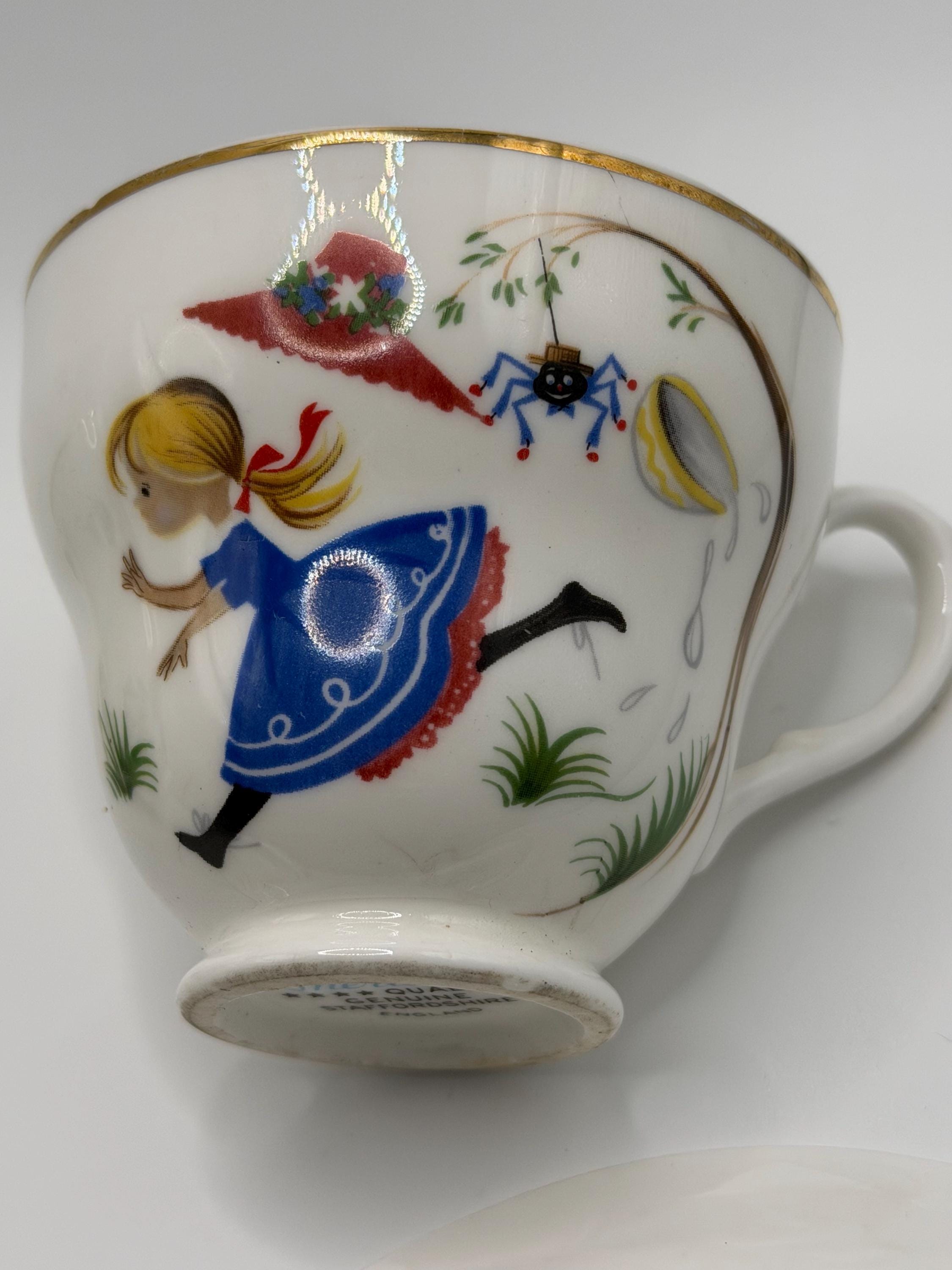 Vintage Staffordshire Bone China Nursery Rhyme Tea Cup and saucer | Little Miss Muffet  | English Teacup Set Cottagecore