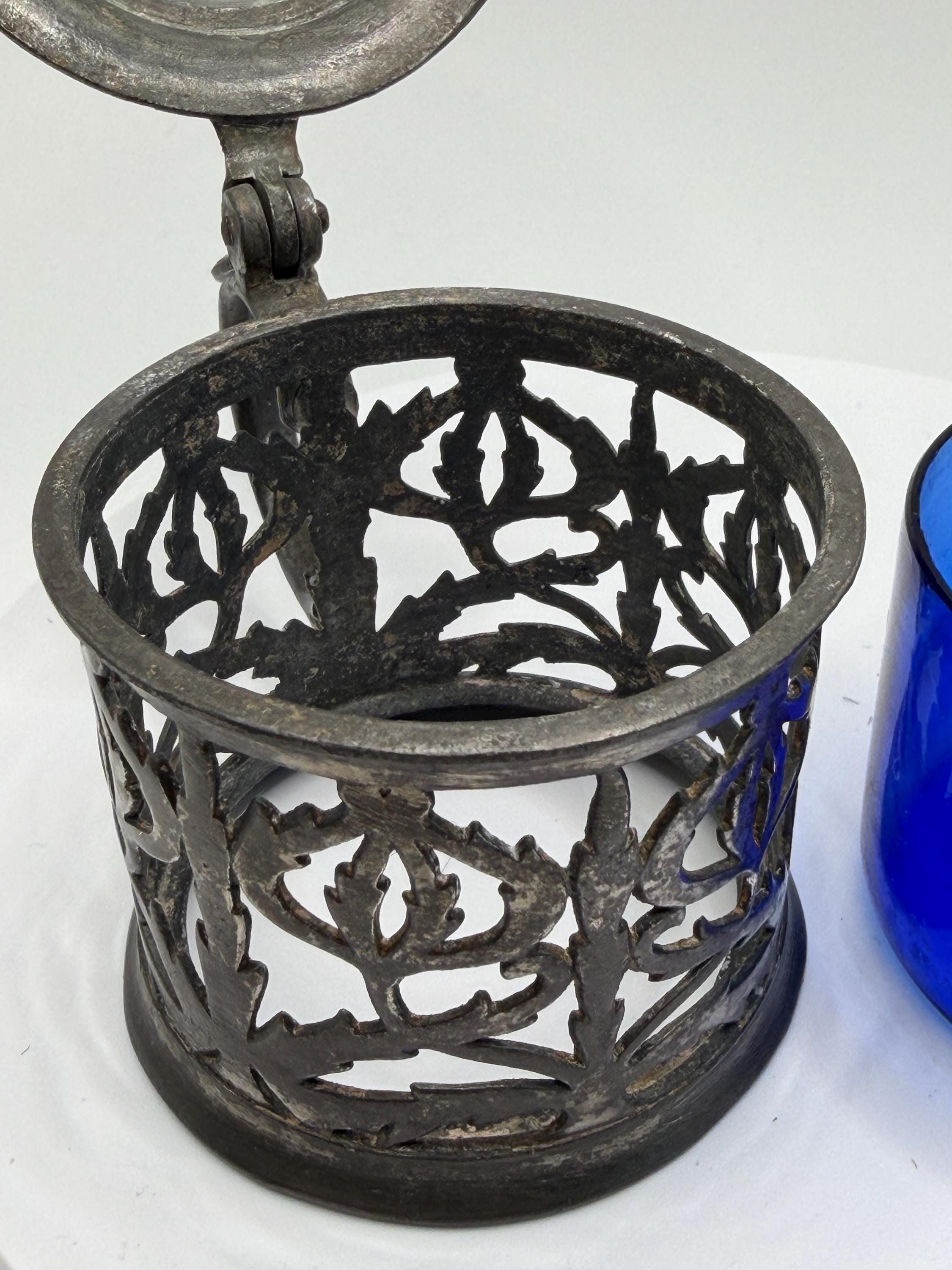 Vintage Silver Plated Mustard Pot With Cobalt Blue Glass Liner | Antique Condiment Pot | Hinged Lid Tableware | Vintage Kitchen Decor
