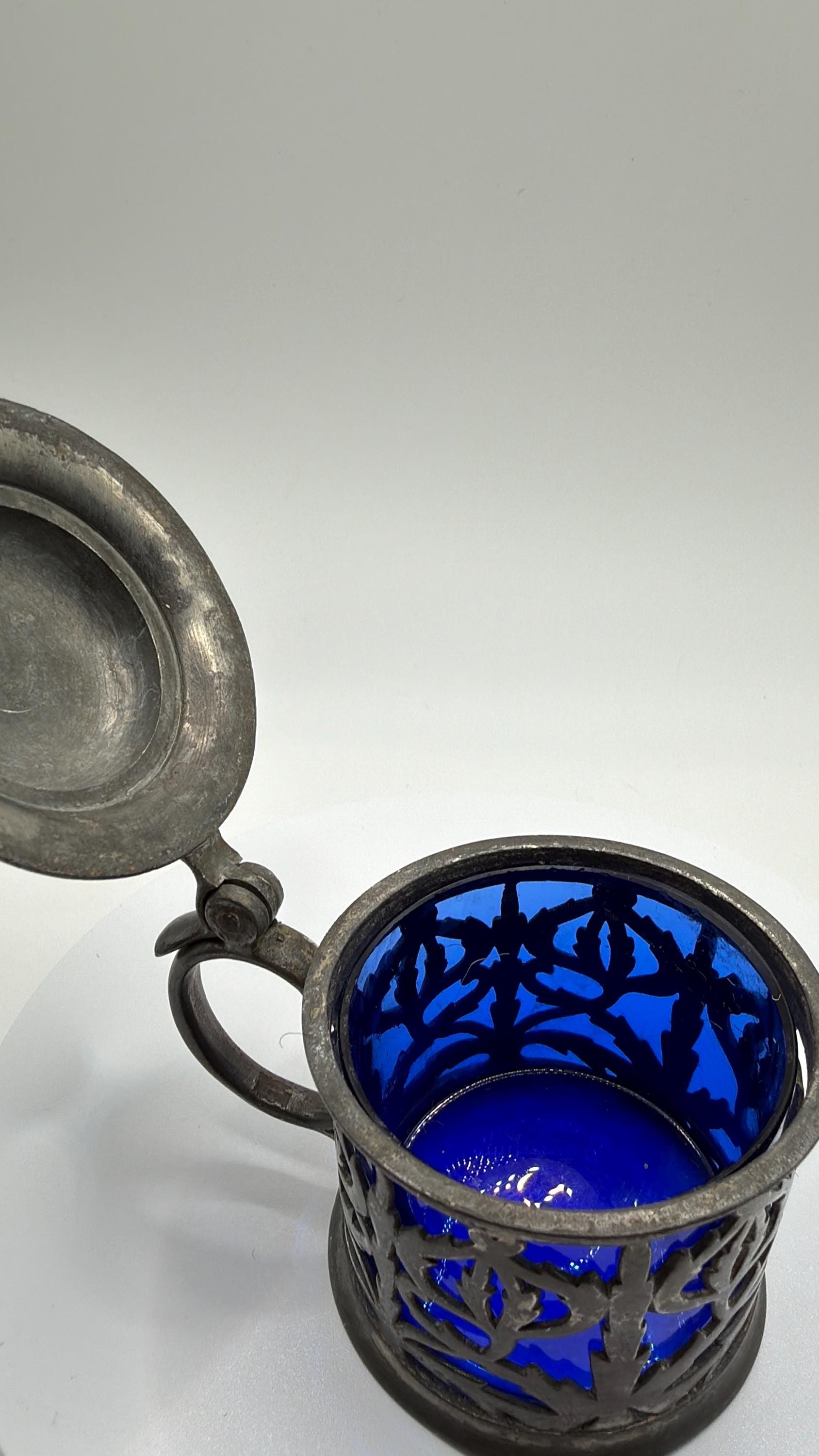 Vintage Silver Plated Mustard Pot With Cobalt Blue Glass Liner | Antique Condiment Pot | Hinged Lid Tableware | Vintage Kitchen Decor