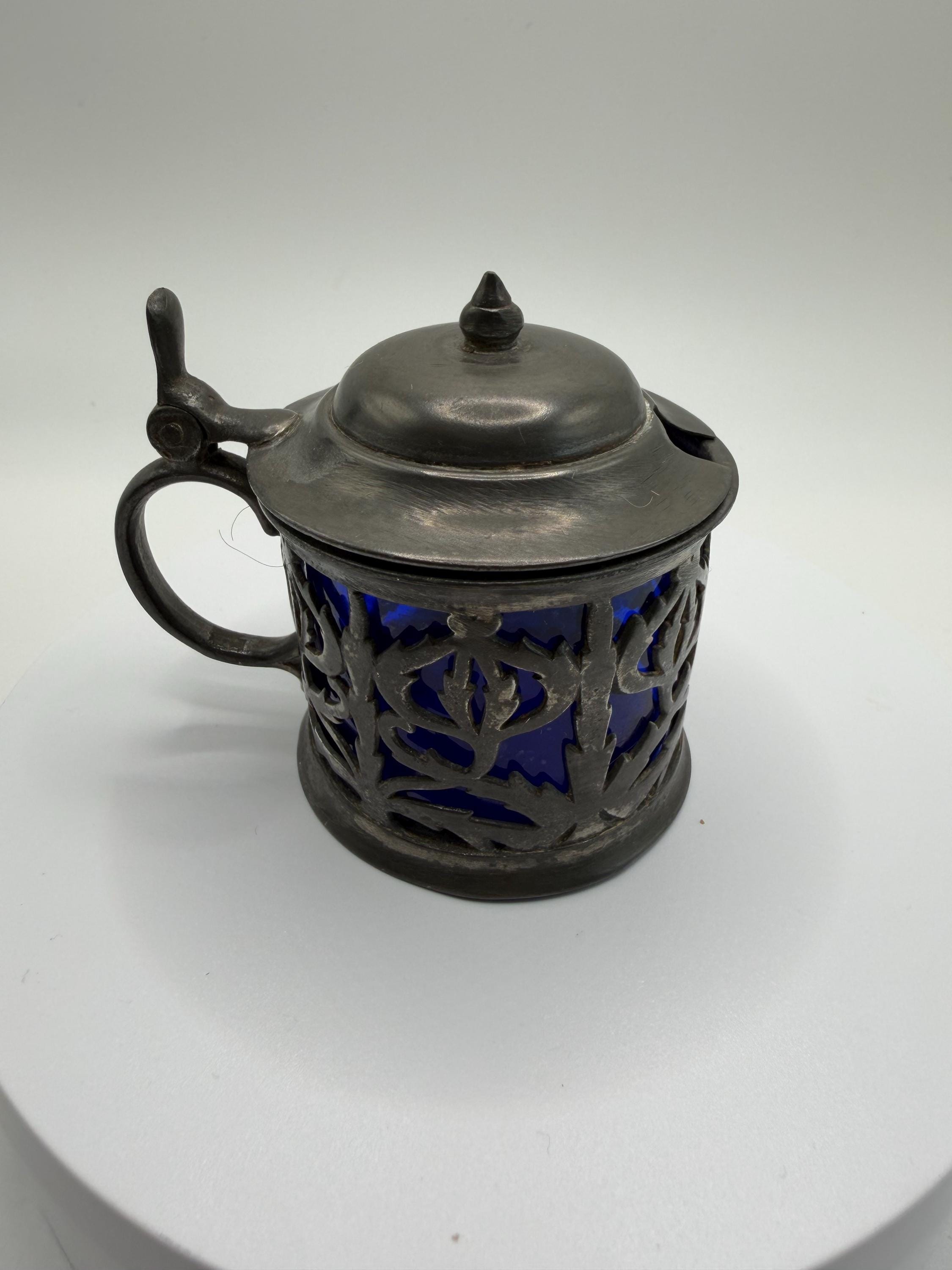 Vintage Silver Plated Mustard Pot With Cobalt Blue Glass Liner | Antique Condiment Pot | Hinged Lid Tableware | Vintage Kitchen Decor