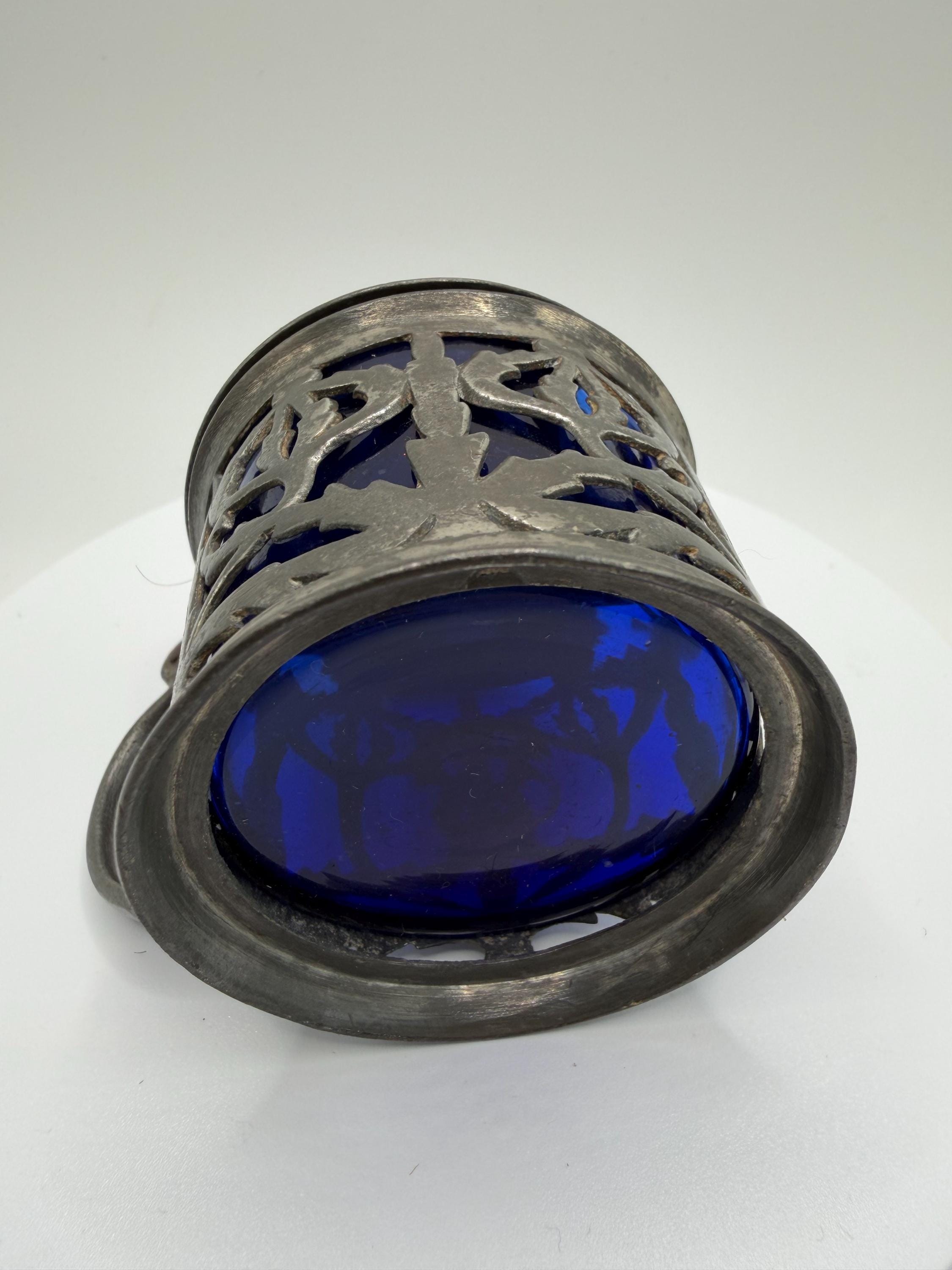 Vintage Silver Plated Mustard Pot With Cobalt Blue Glass Liner | Antique Condiment Pot | Hinged Lid Tableware | Vintage Kitchen Decor