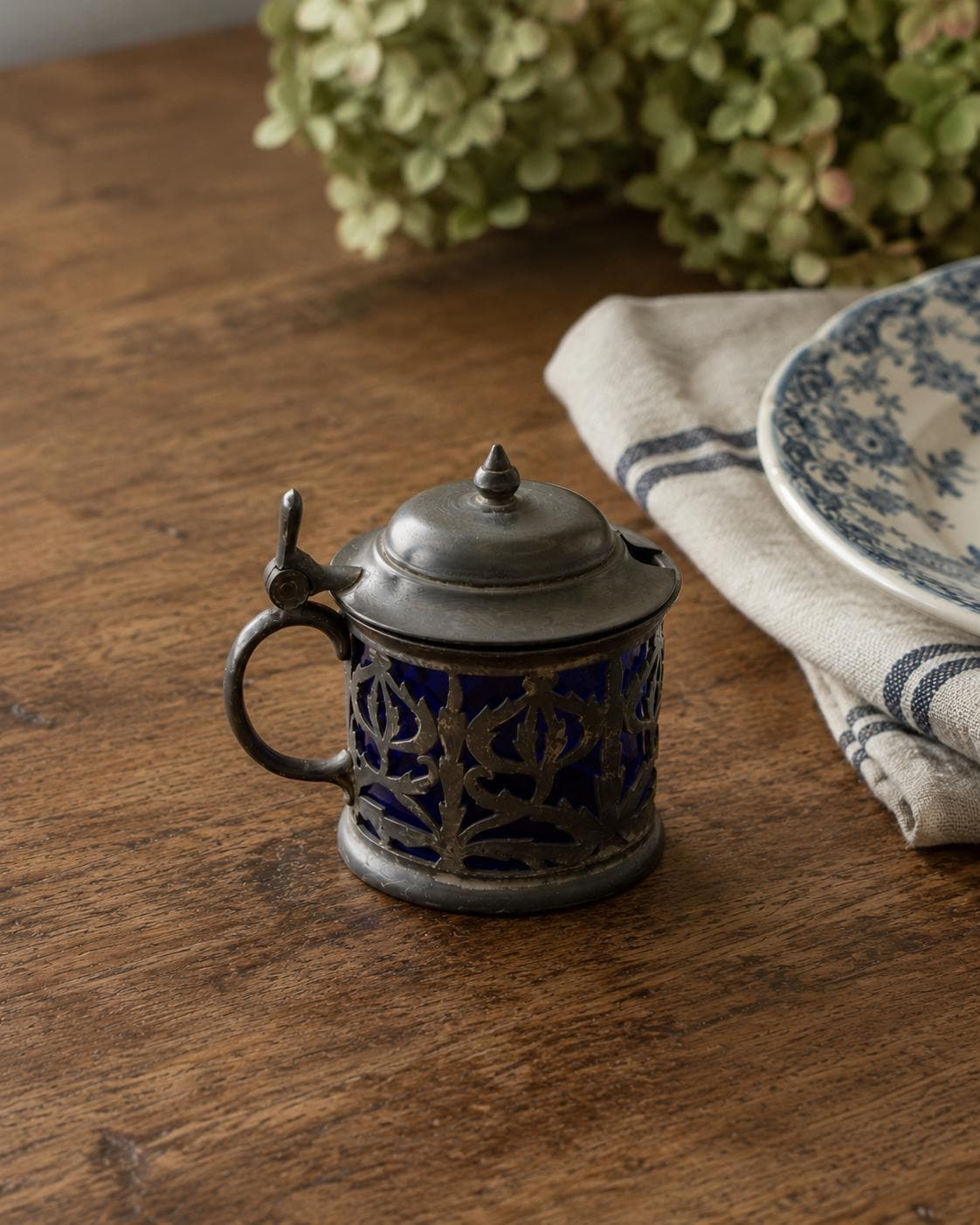 Vintage Silver Plated Mustard Pot With Cobalt Blue Glass Liner | Antique Condiment Pot | Hinged Lid Tableware | Vintage Kitchen Decor