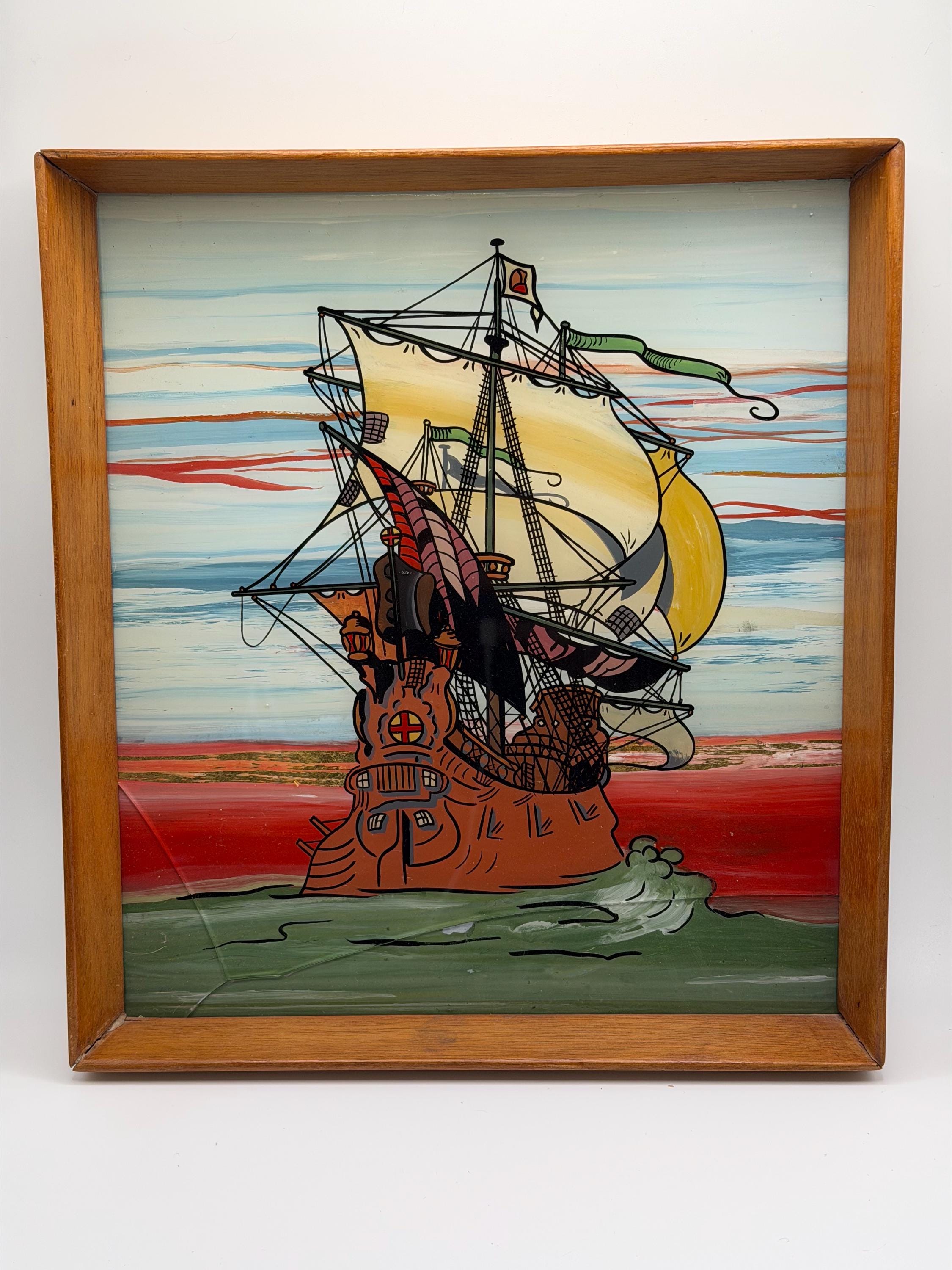 Vintage Reverse Glass Paintings | Set of Two Nautical Ship Pictures c.1945 | Hand Painted Maritime Wall Art | Original Framed Coastal Decor
