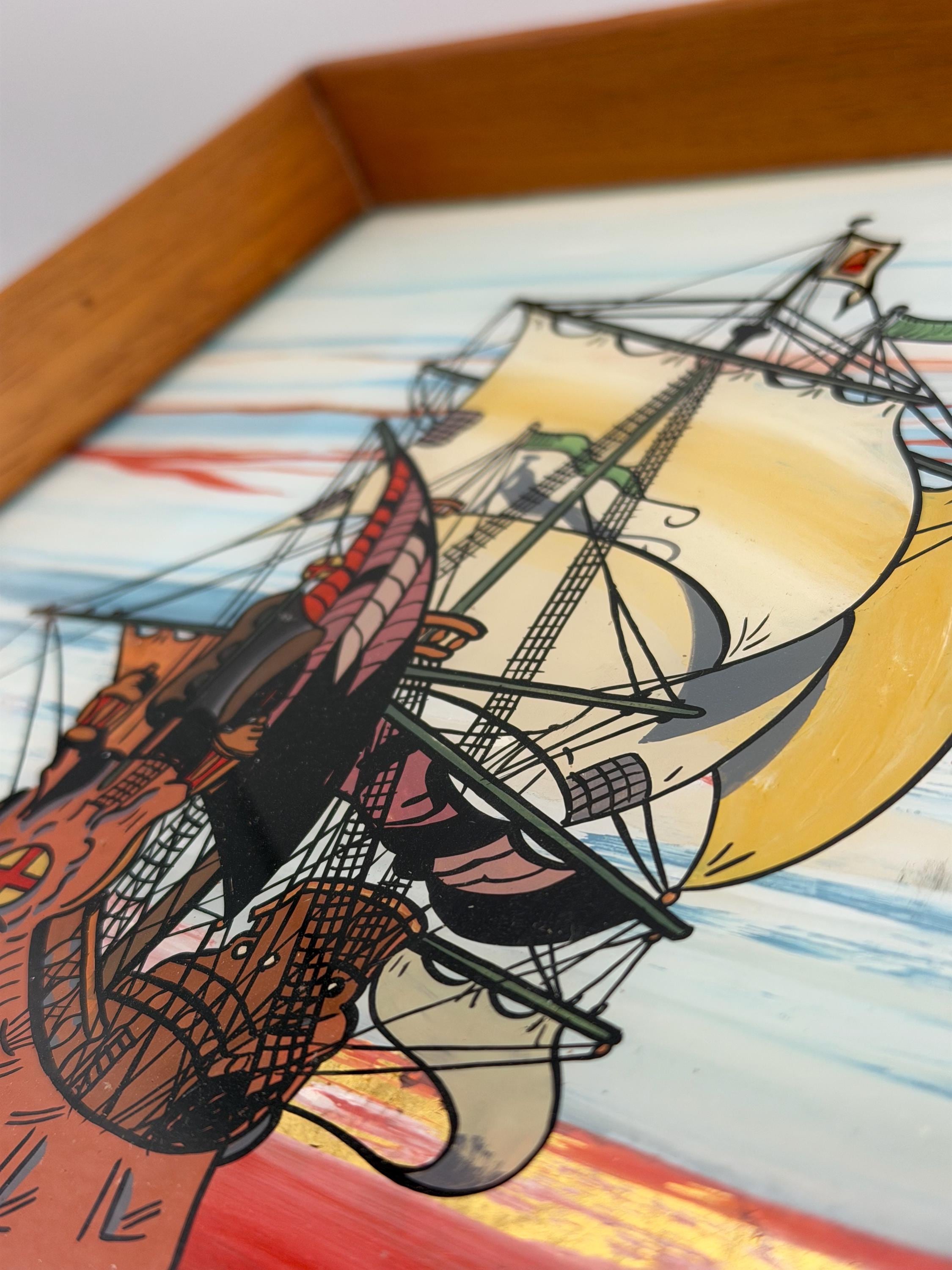 Vintage Reverse Glass Paintings | Set of Two Nautical Ship Pictures c.1945 | Hand Painted Maritime Wall Art | Original Framed Coastal Decor