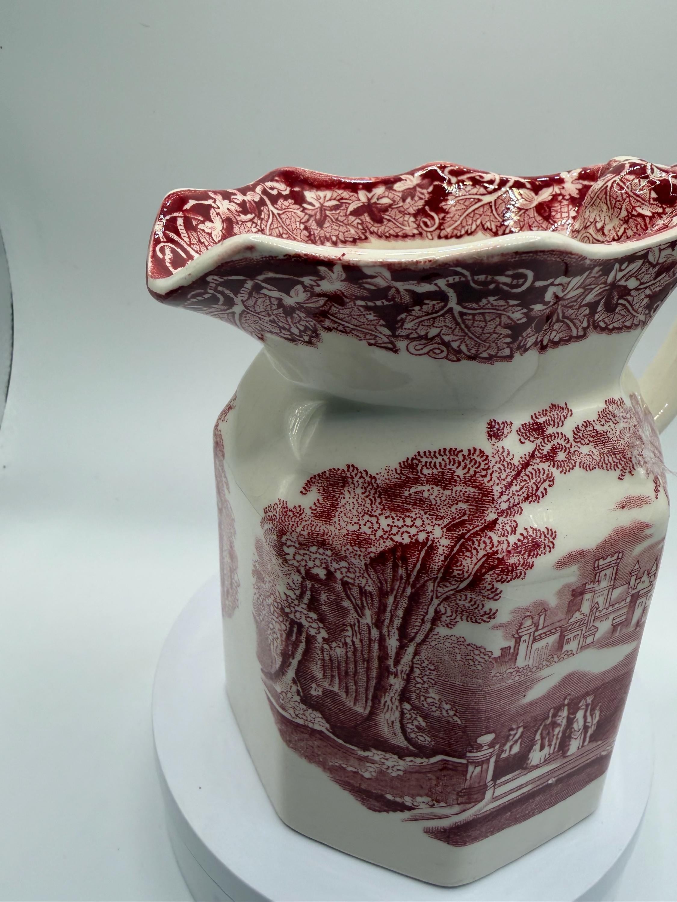 Vintage Masons Vista Ironstone Pitcher / Jug  Red Transferware  English Country House Decor  Masons Patent Ironstone China