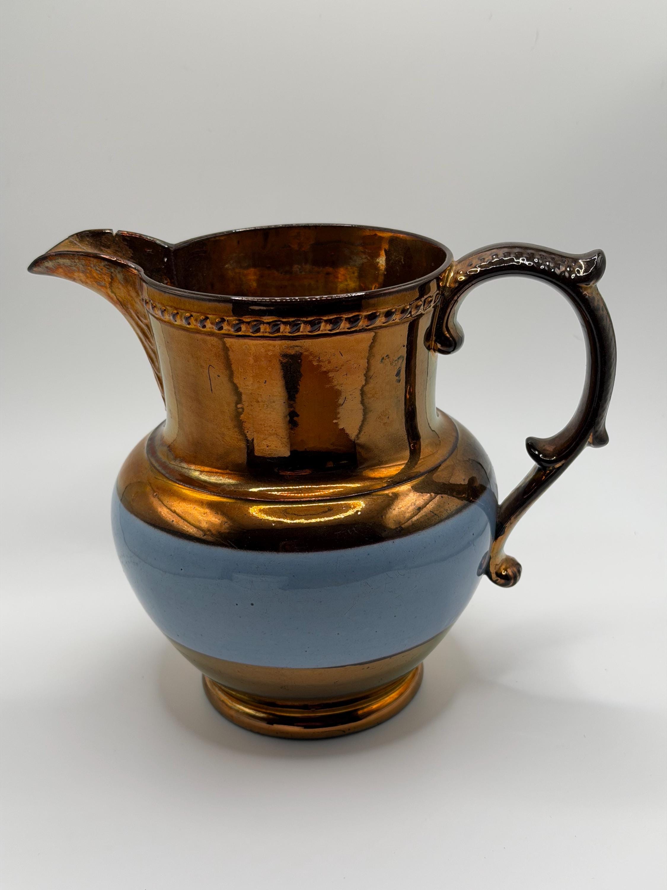 Antique English Staffordshire Lustreware Jug / Copper Lustre Pitcher / Blue Band Ceramic Vase / Victorian Country House Decor