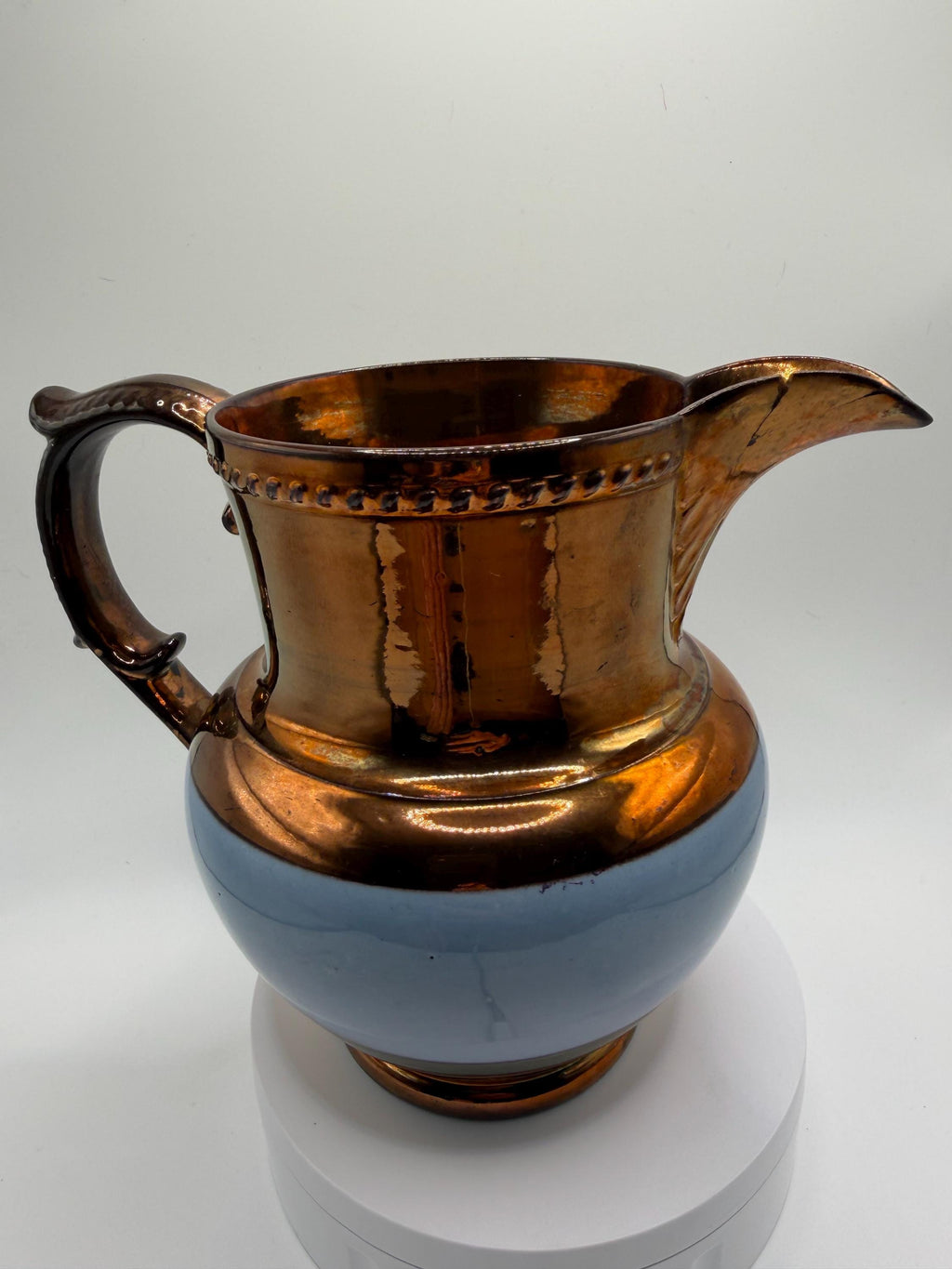 Antique English Staffordshire Lustreware Jug / Copper Lustre Pitcher / Blue Band Ceramic Vase / Victorian Country House Decor