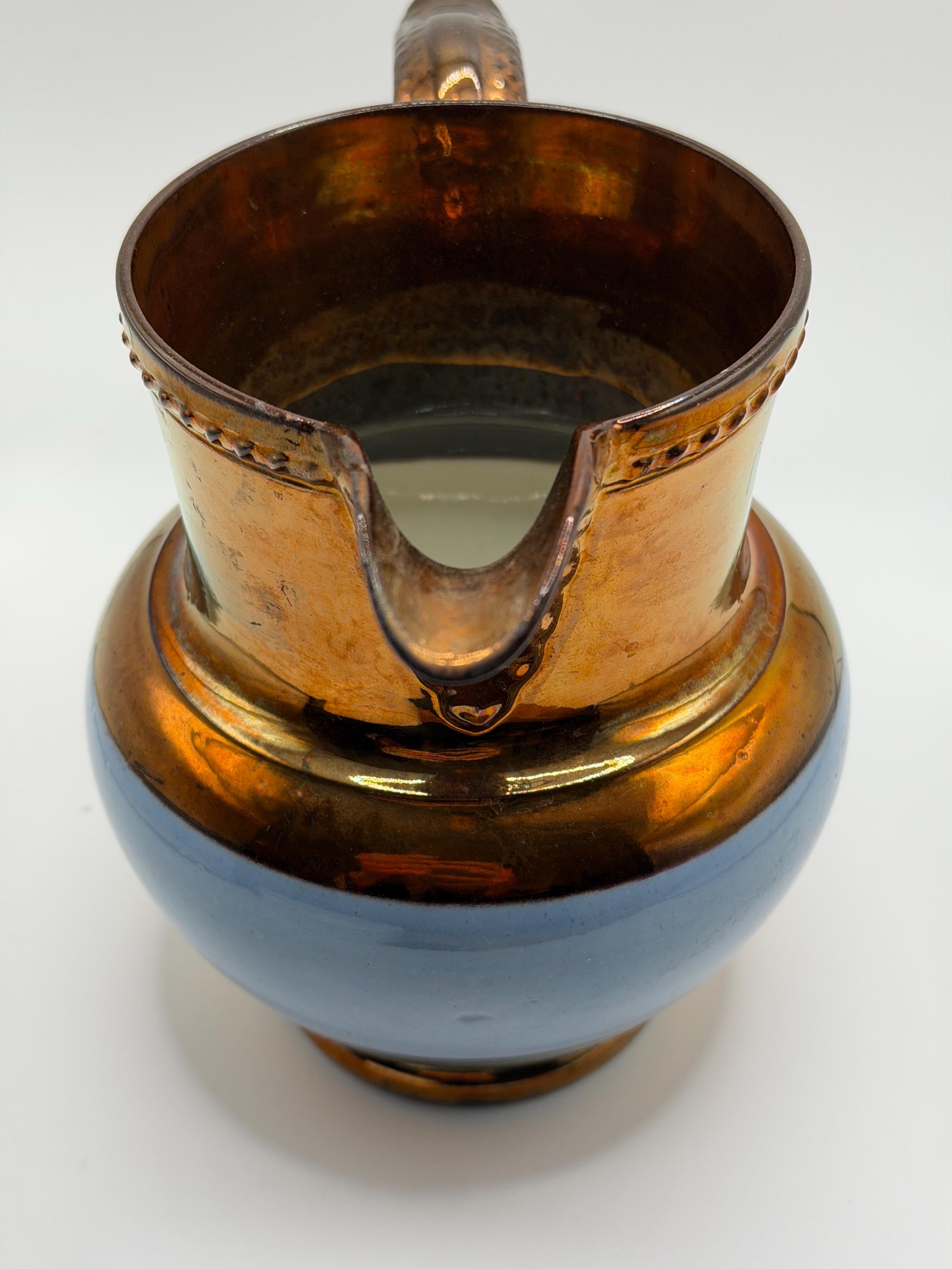 Antique English Staffordshire Lustreware Jug / Copper Lustre Pitcher / Blue Band Ceramic Vase / Victorian Country House Decor