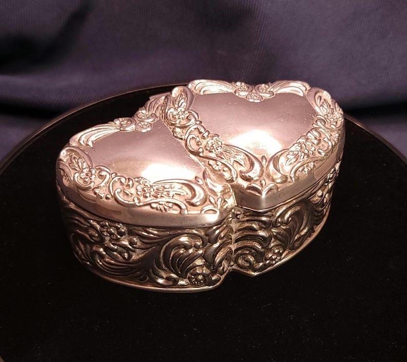 Vintage 1990s Silver Plated Double Heart Trinket Box  Red Velvet Lined Jewellery Keepsake Box  Engravable Love Gift