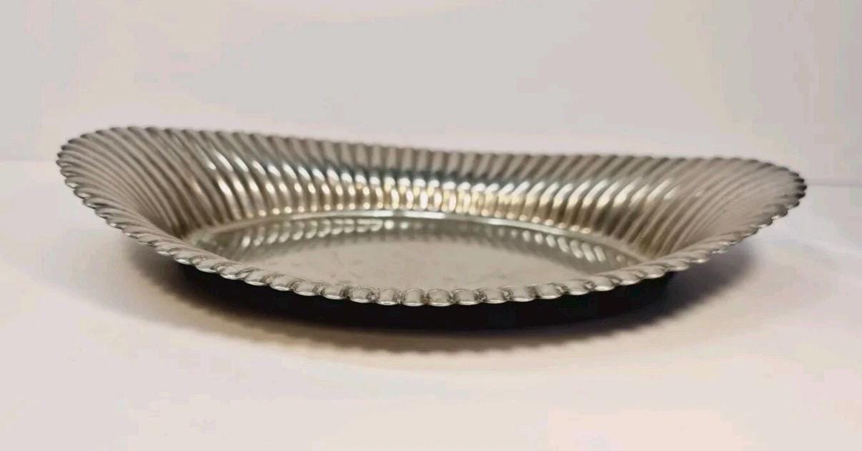 Vintage Falstaff England Silver Plated Oval Ribbed Tray  England  Decorative Serving Dish / Bread Tray