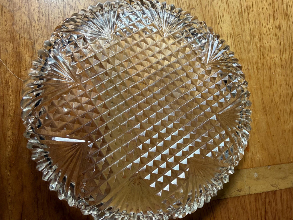 Vintage Cut Glass Crystal Plate Star and Hobnail Pattern, Pressed Glass Serving Plate, Scalloped Edge Dish, Dessert Plate, Vintage Glassware