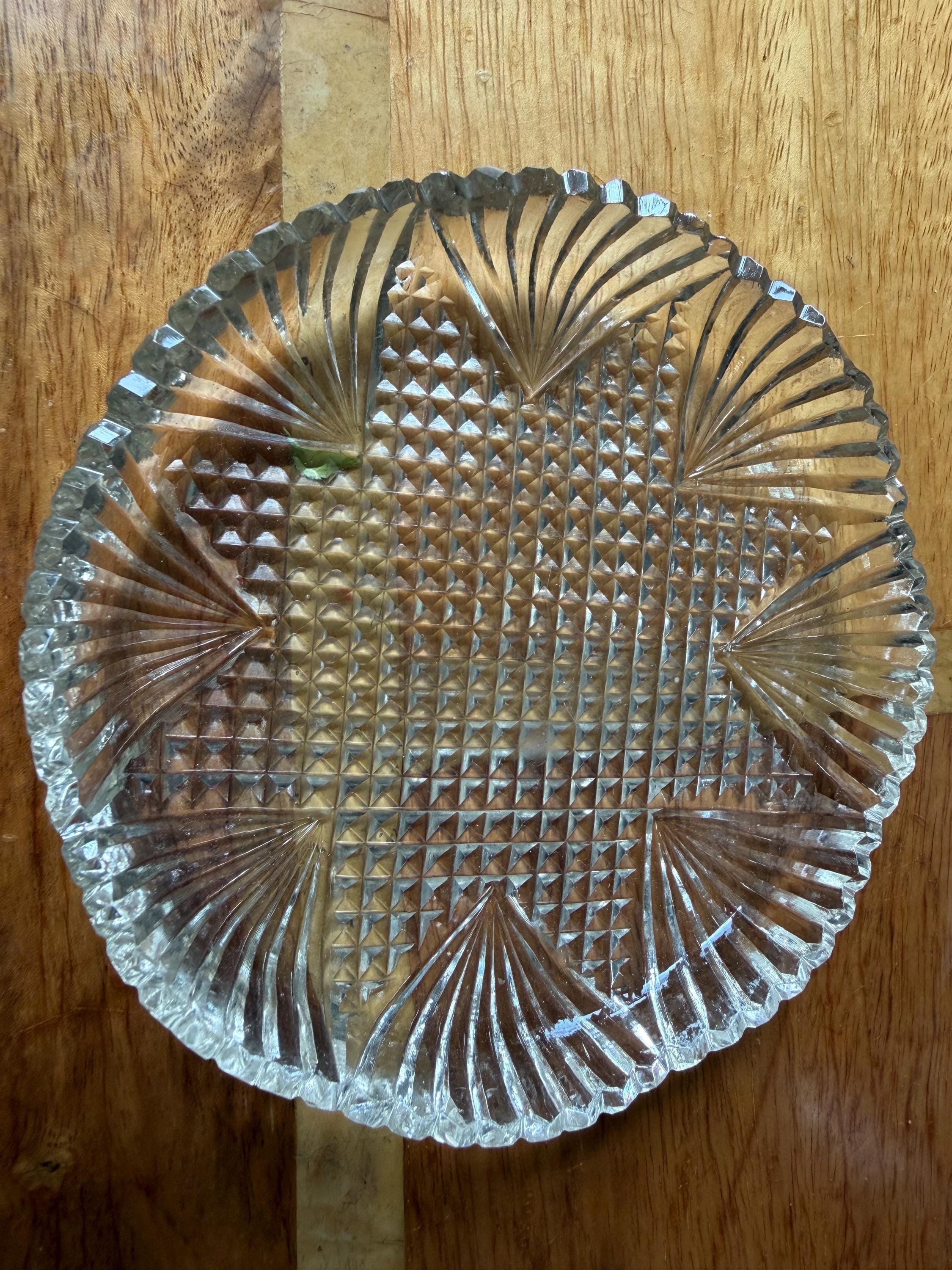 Vintage Cut Glass Crystal Plate Star and Hobnail Pattern, Pressed Glass Serving Plate, Scalloped Edge Dish, Dessert Plate, Vintage Glassware