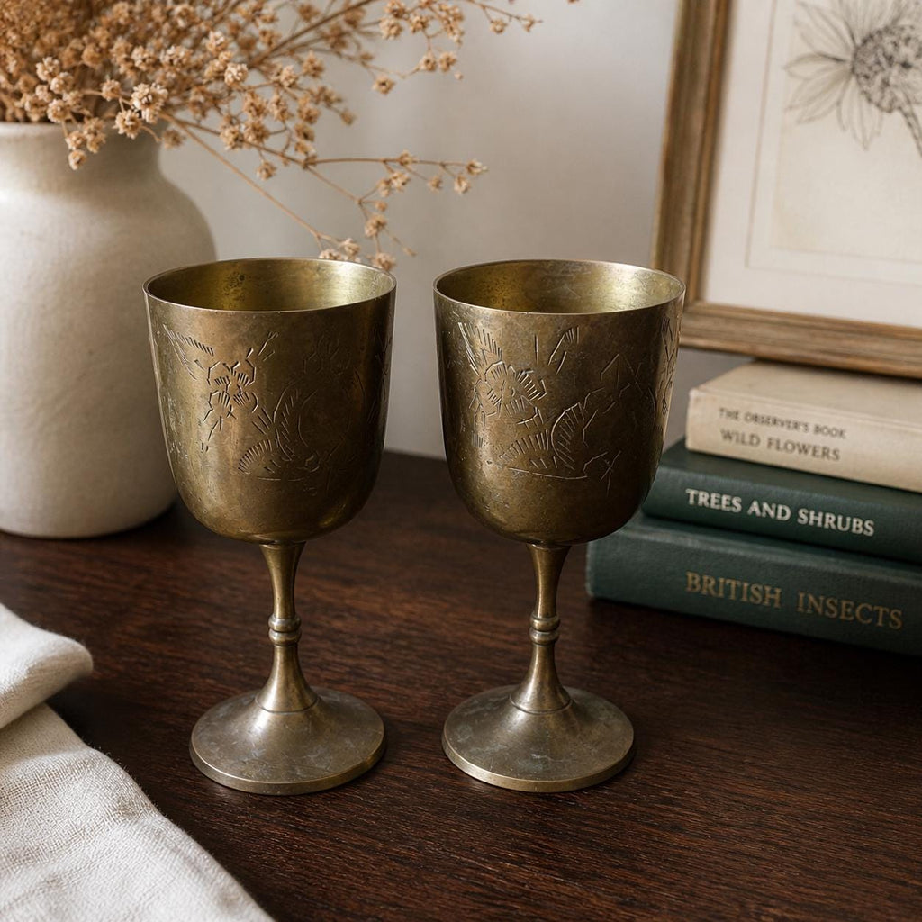 Vintage Brass Goblet Set  Engraved Floral Wine Cups  Rustic Tableware  Pair of Brass Chalices  Vintage Drinkware