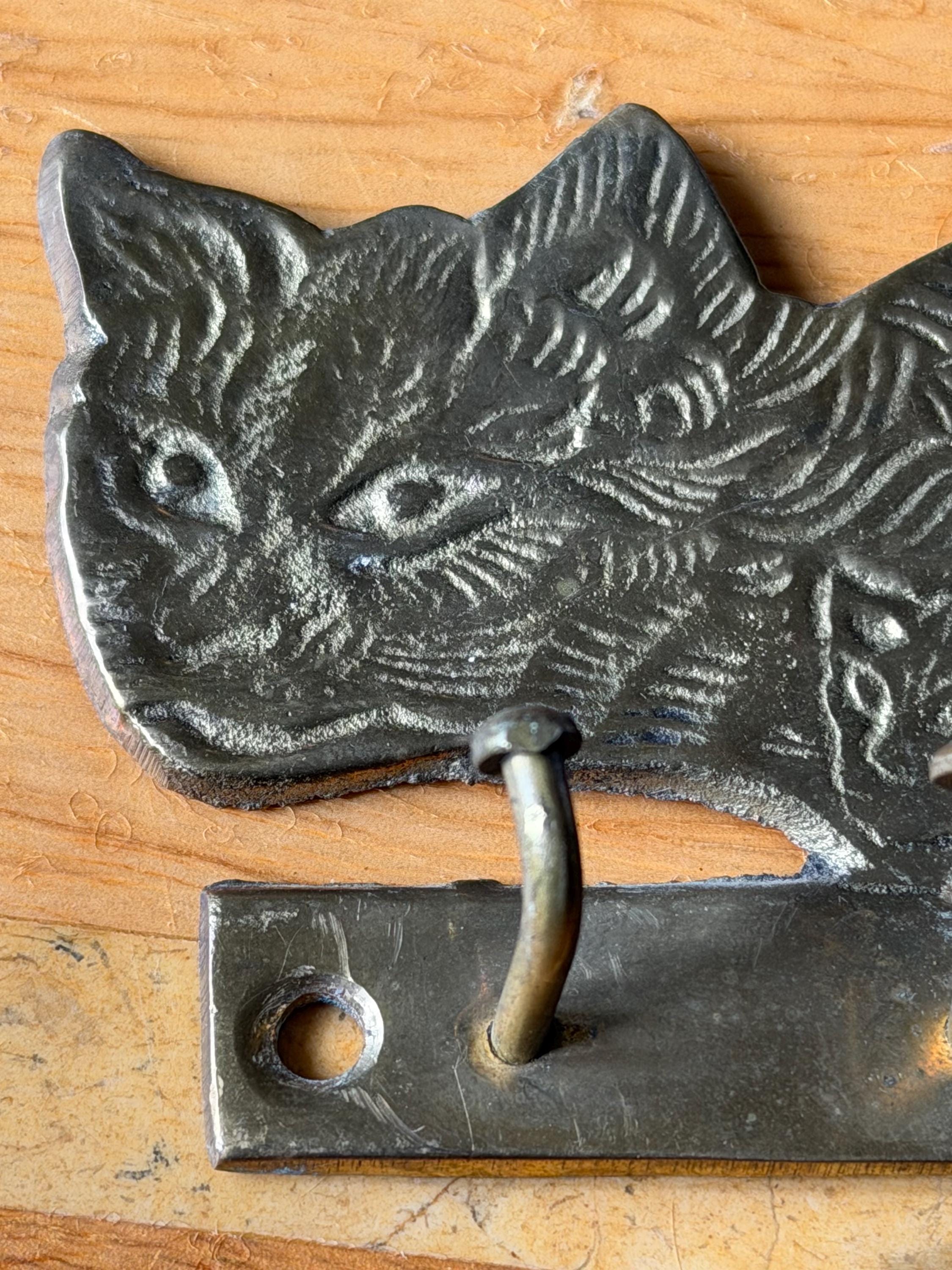 Vintage 1970s Brass Cat Key Holder Wall Hooks Feline Key Rack Hallway Storage Ornate Cat Design Mid Century Decor
