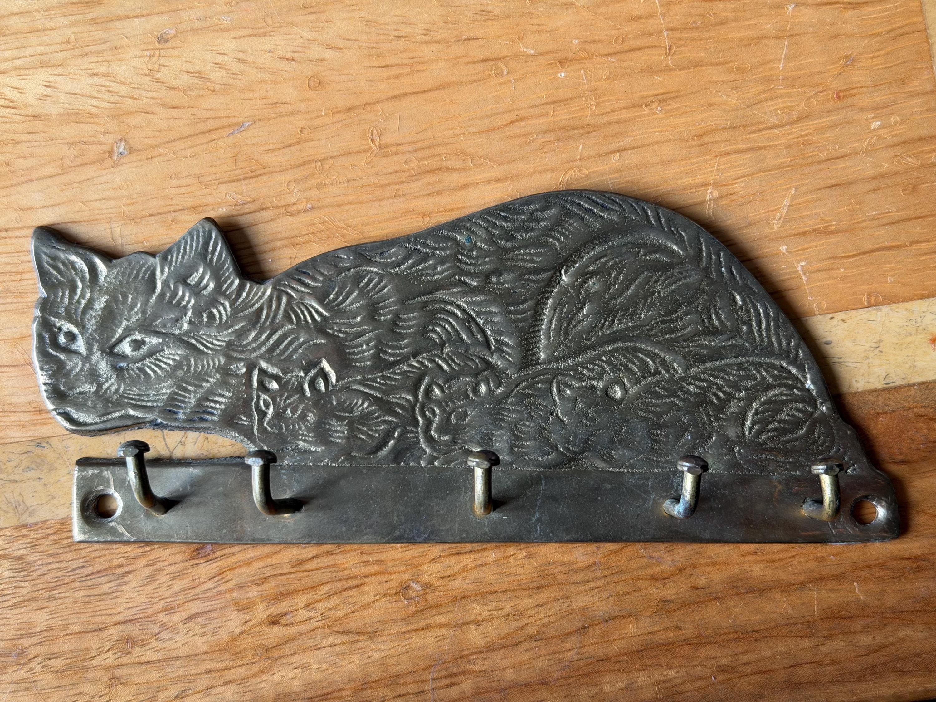 Vintage 1970s Brass Cat Key Holder Wall Hooks Feline Key Rack Hallway Storage Ornate Cat Design Mid Century Decor