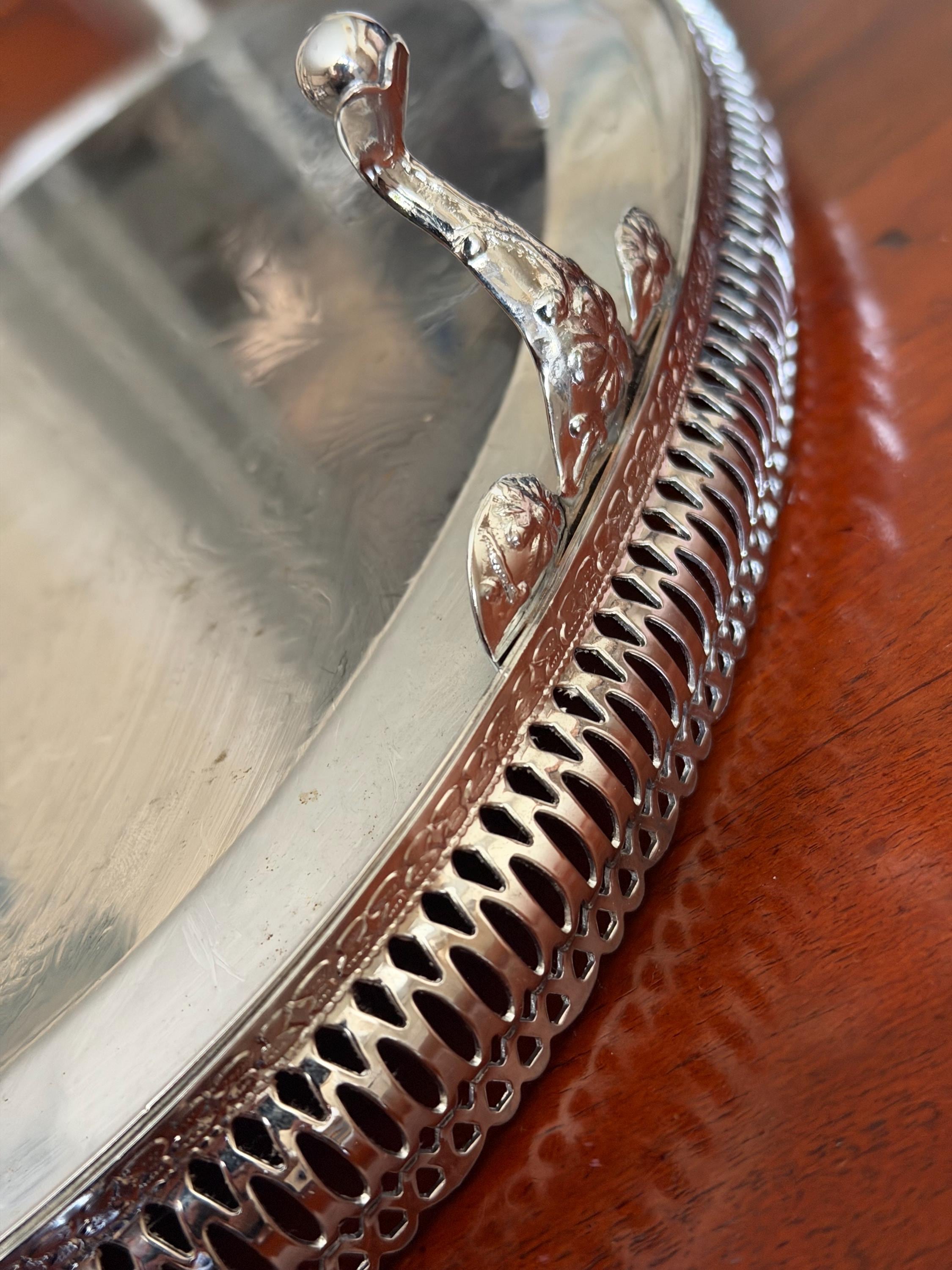 Vintage Silver Plate Gallery Tray / Large Ornate Silver Plated Serving Tray / Engraved Floral Tray / Hollywood Regency Decor / Drinks Tray