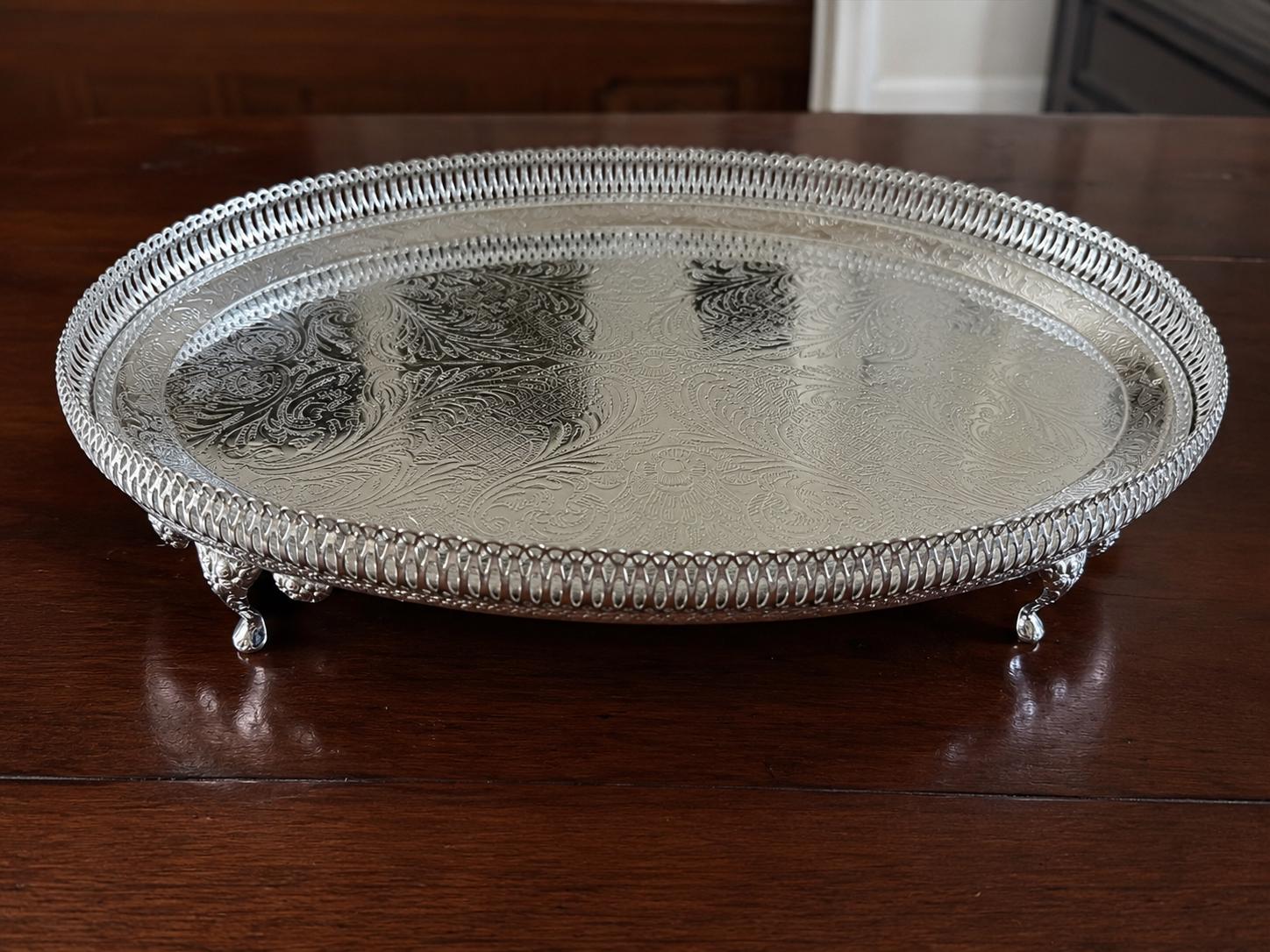 Vintage Silver Plate Gallery Tray / Large Ornate Silver Plated Serving Tray / Engraved Floral Tray / Hollywood Regency Decor / Drinks Tray