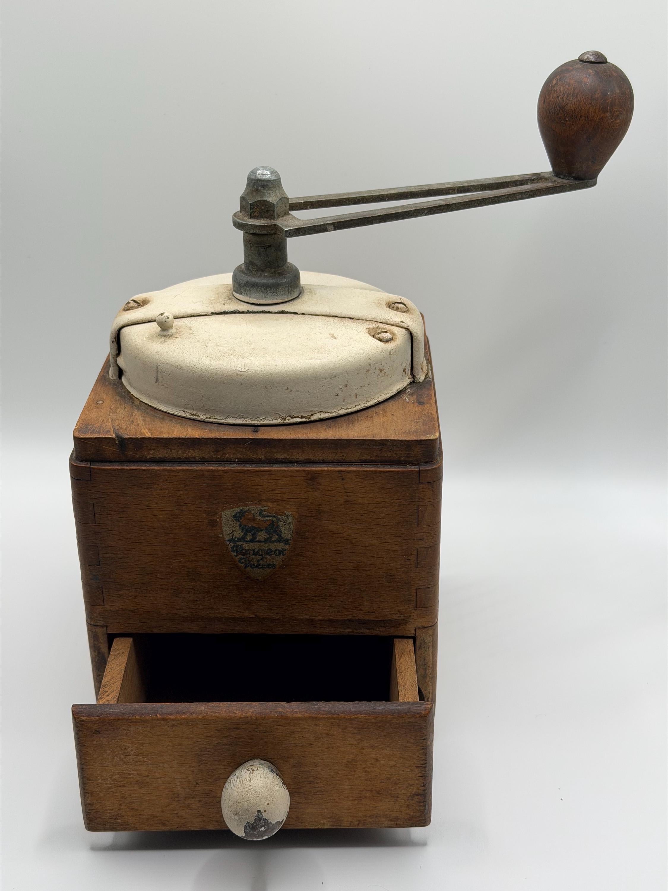 Vintage Peugeot Frères Coffee Grinder | French Wooden Coffee Mill | Rustic Farmhouse Kitchen Decor | Mid Century Coffee Grinder