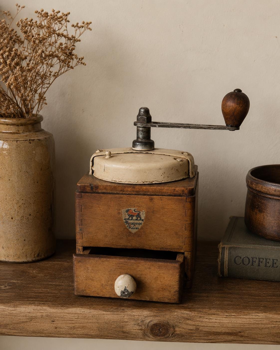 Vintage Peugeot Frères Coffee Grinder | French Wooden Coffee Mill | Rustic Farmhouse Kitchen Decor | Mid Century Coffee Grinder