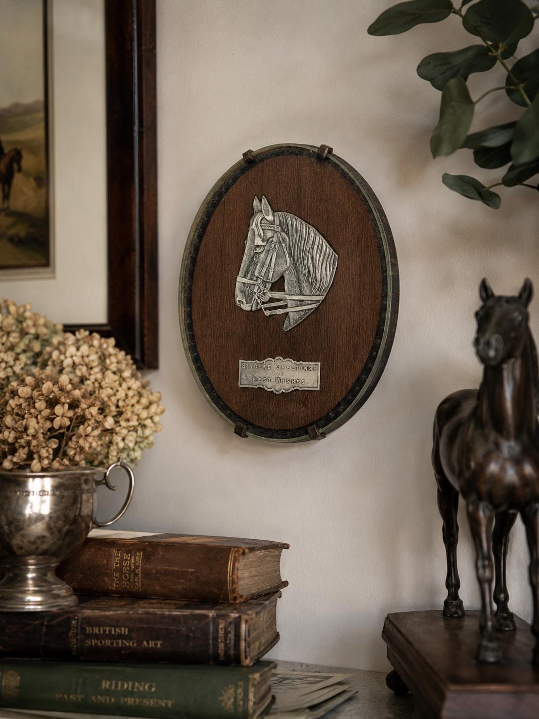 Rare Vintage Equestrian Horse Head Wall Plaque Under Original Glass | Country House Horse Decor | Boot Room Office Styling | Ralph Lauren