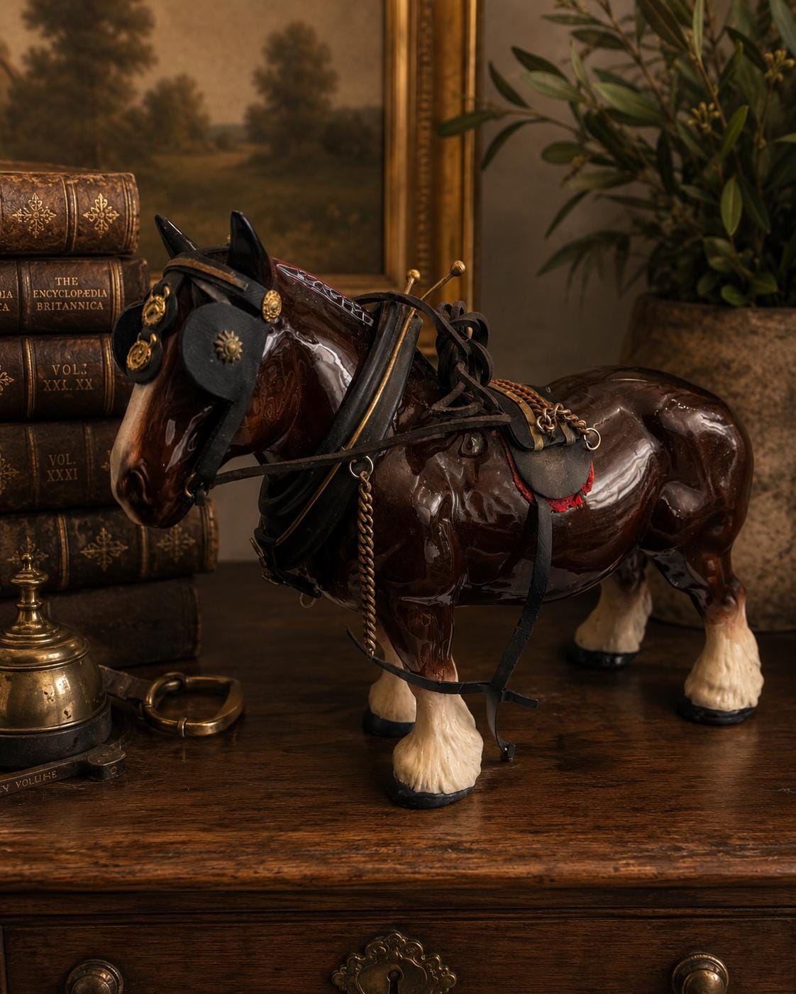 Vintage H.A. Wain & Sons Melba Ware Shire Horse Figure With Original Leather Harness  | Vintage Horse Ornament | Equestrian Decor