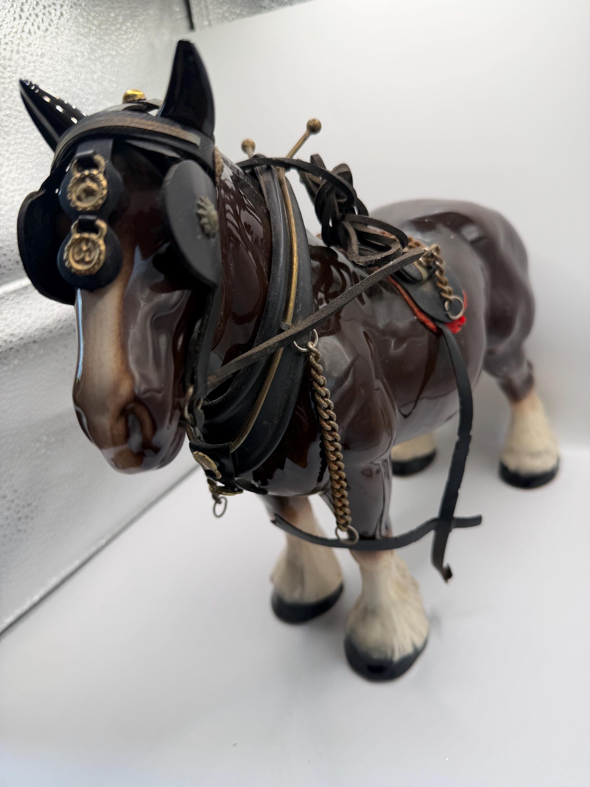 Vintage H.A. Wain & Sons Melba Ware Shire Horse Figure With Original Leather Harness  | Vintage Horse Ornament | Equestrian Decor