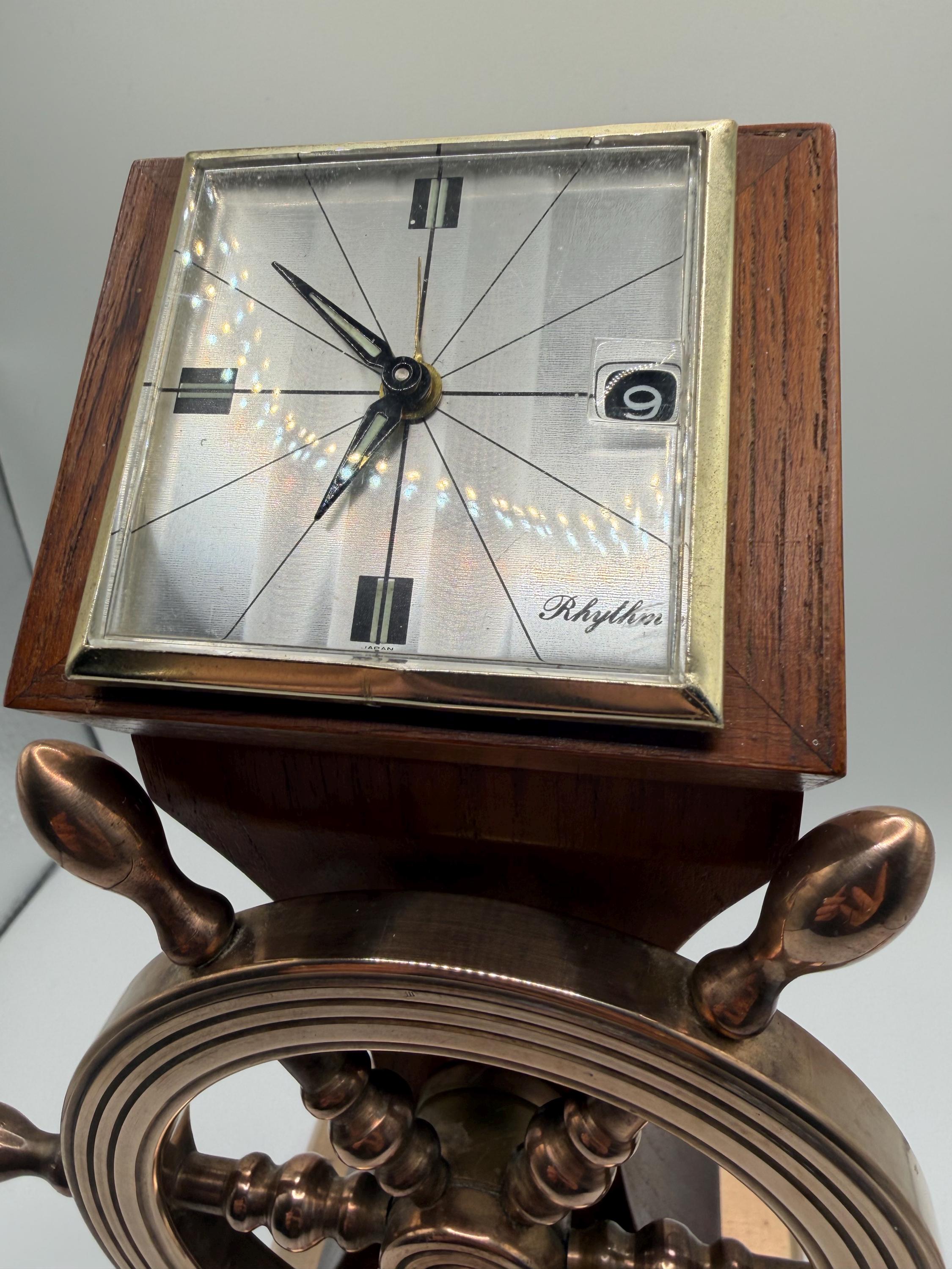 Vintage Rhythm Nautical Ship Wheel Clock | Brass Maritime Desk Clock | Oak and Brass Nautical Decor | Vintage Office & Study Clock