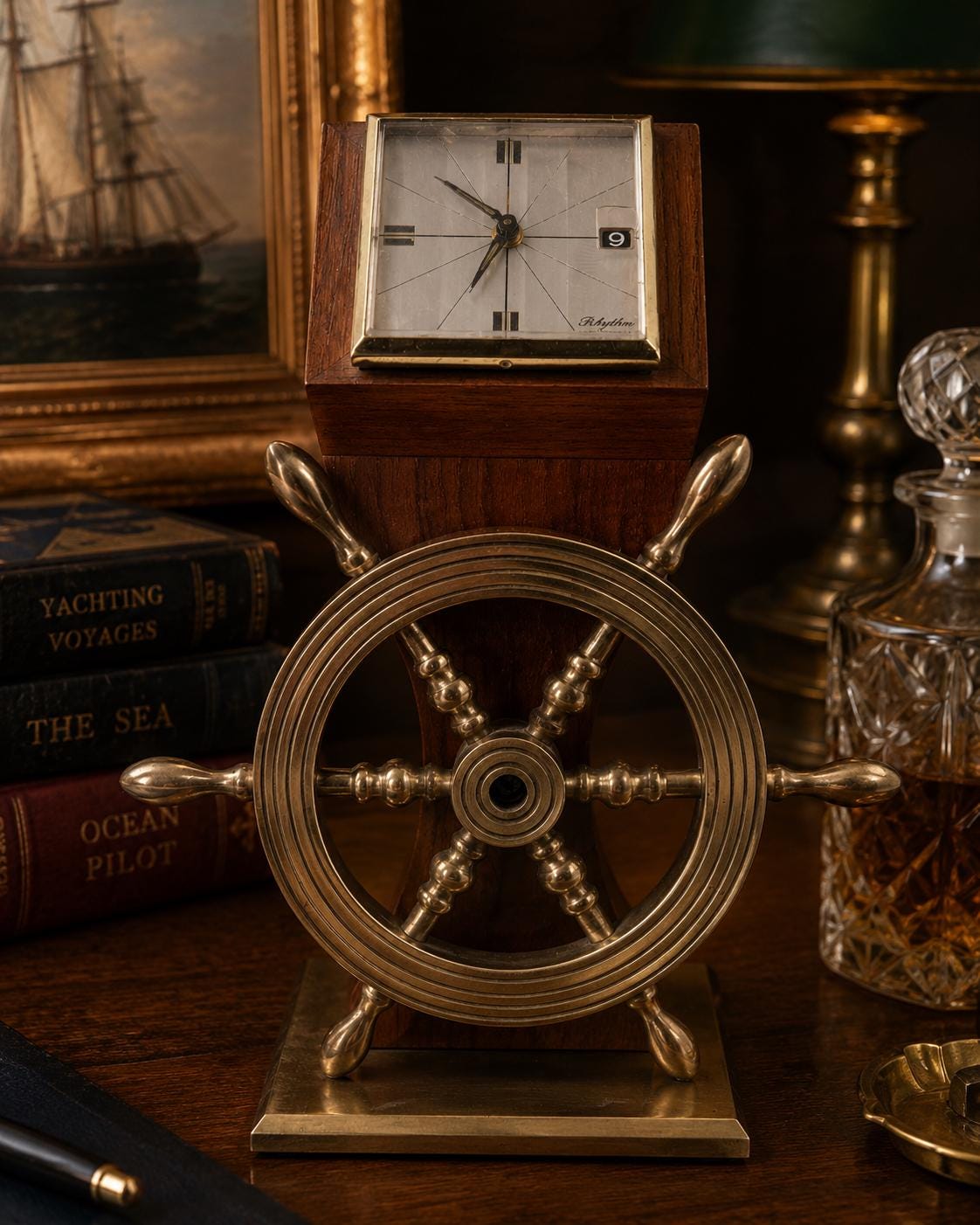 Vintage Rhythm Nautical Ship Wheel Clock | Brass Maritime Desk Clock | Oak and Brass Nautical Decor | Vintage Office & Study Clock