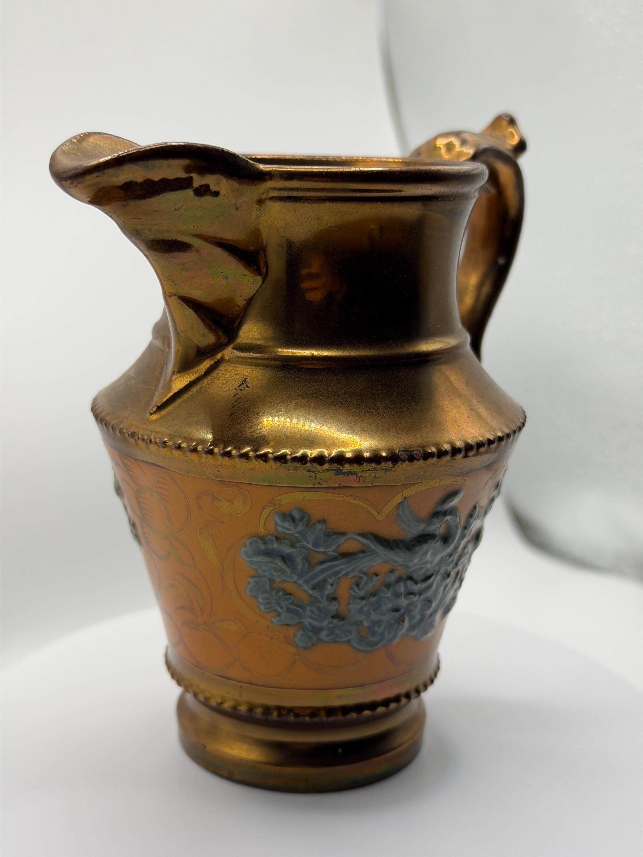 Victorian Copper Lustre Pottery Jug / Pitcher  Staffordshire Style Antique Ceramic Cream Jug  English Victorian Decor  Copper Lustre Ware