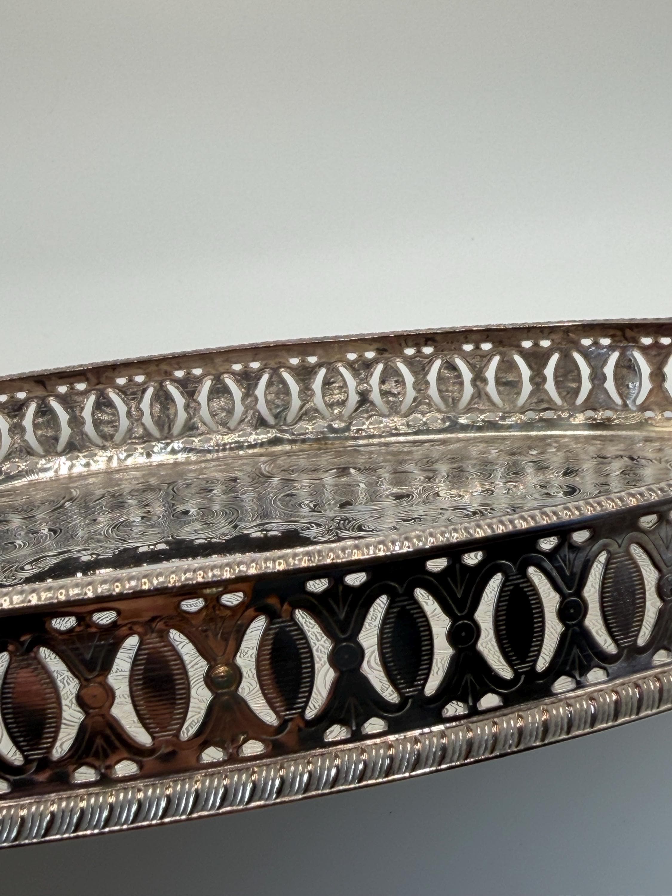 Vintage Silver Plate Gallery Tray | Ornate Pierced Edge Serving Tray | Silver on Copper Drinks Tray | English Vintage Home Decor