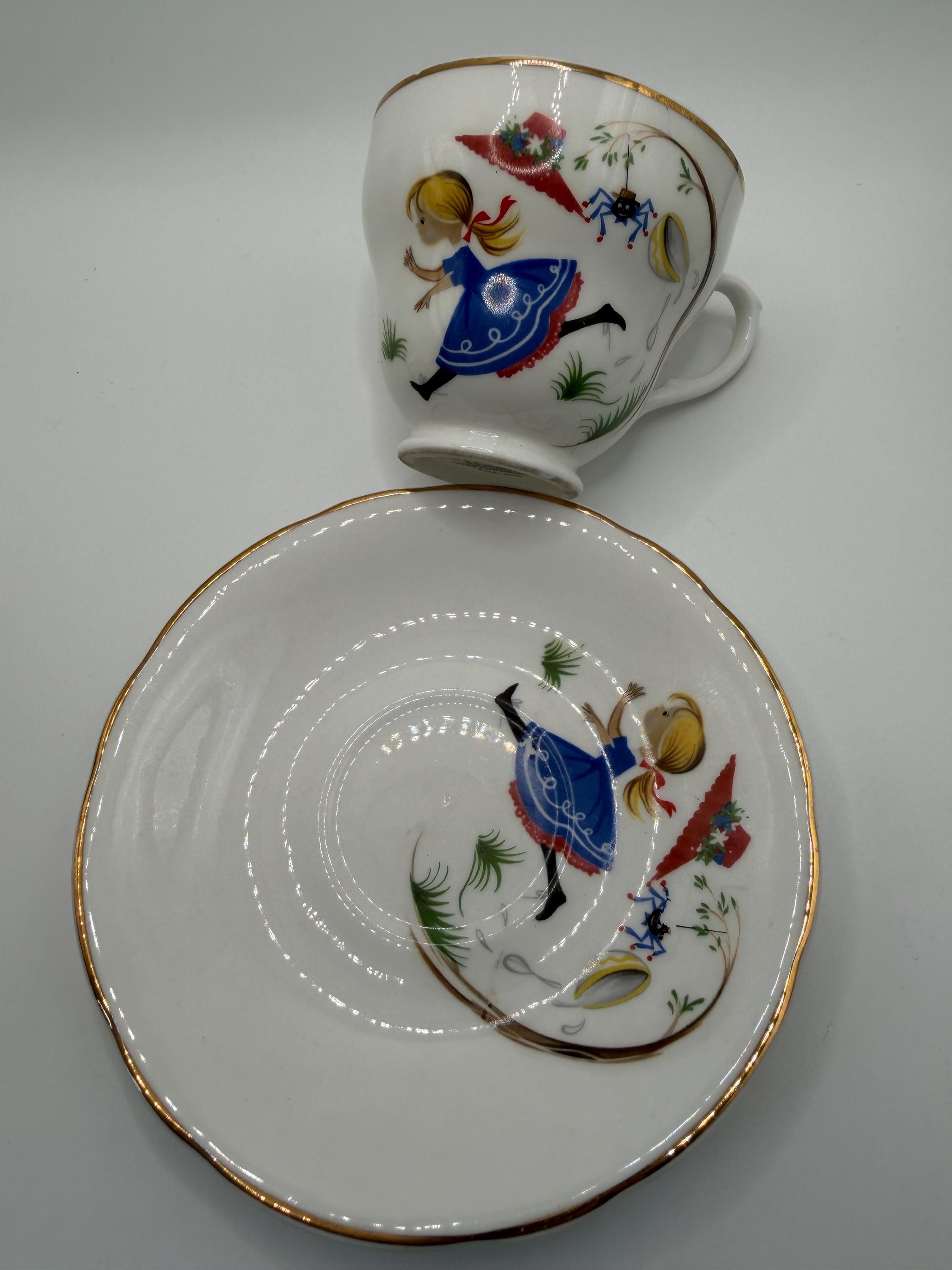 Vintage Staffordshire Bone China Nursery Rhyme Tea Cup and saucer | Little Miss Muffet  | English Teacup Set Cottagecore