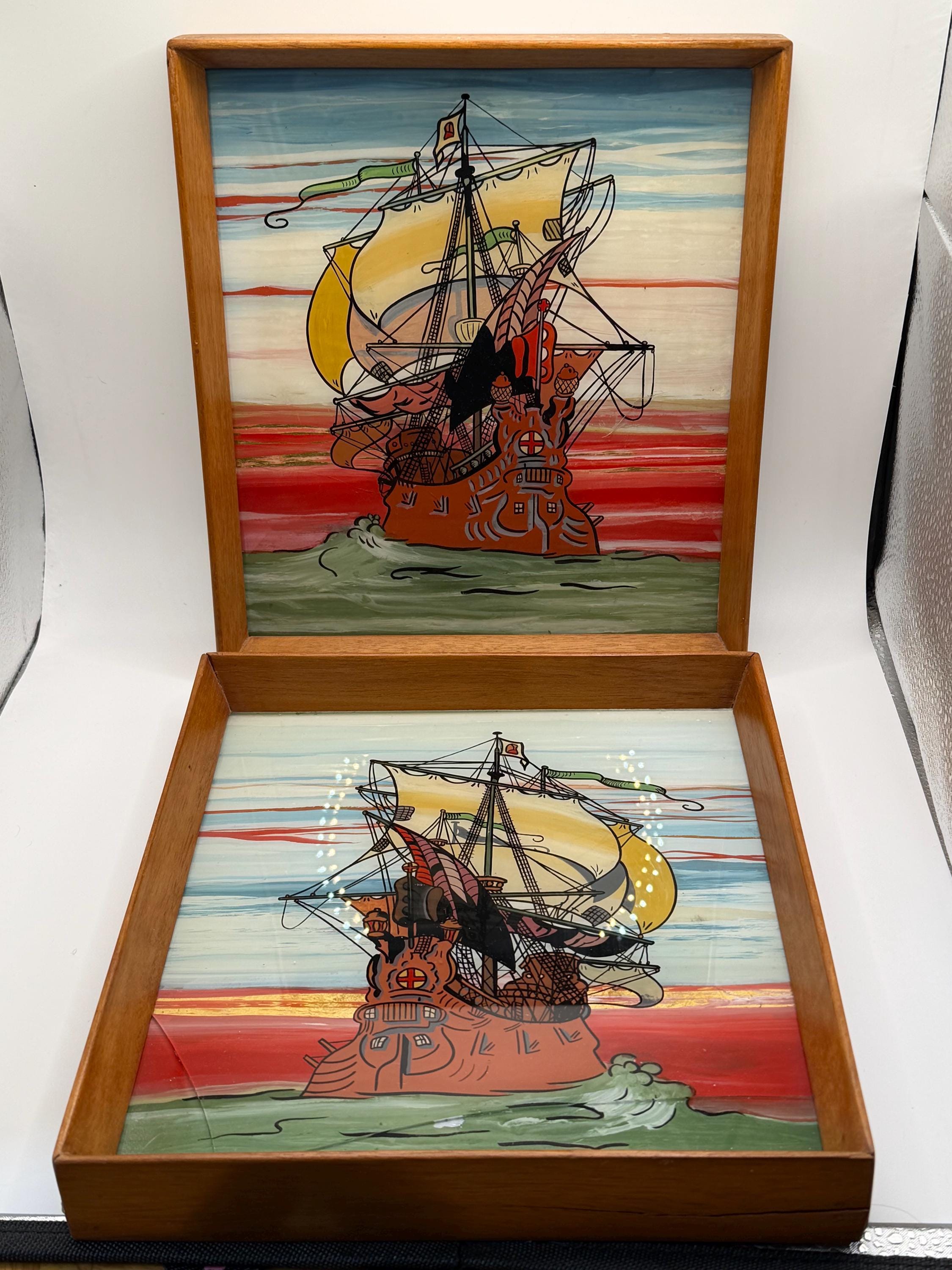 Vintage Reverse Glass Paintings | Set of Two Nautical Ship Pictures c.1945 | Hand Painted Maritime Wall Art | Original Framed Coastal Decor