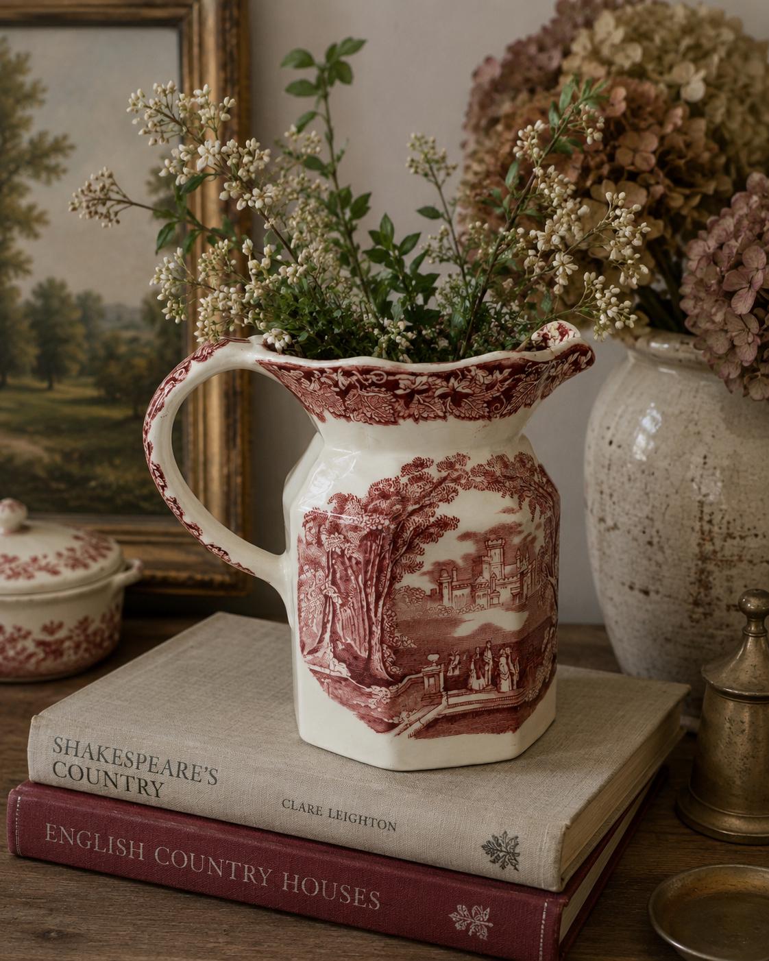 Vintage Masons Vista Ironstone Pitcher / Jug  Red Transferware  English Country House Decor  Masons Patent Ironstone China