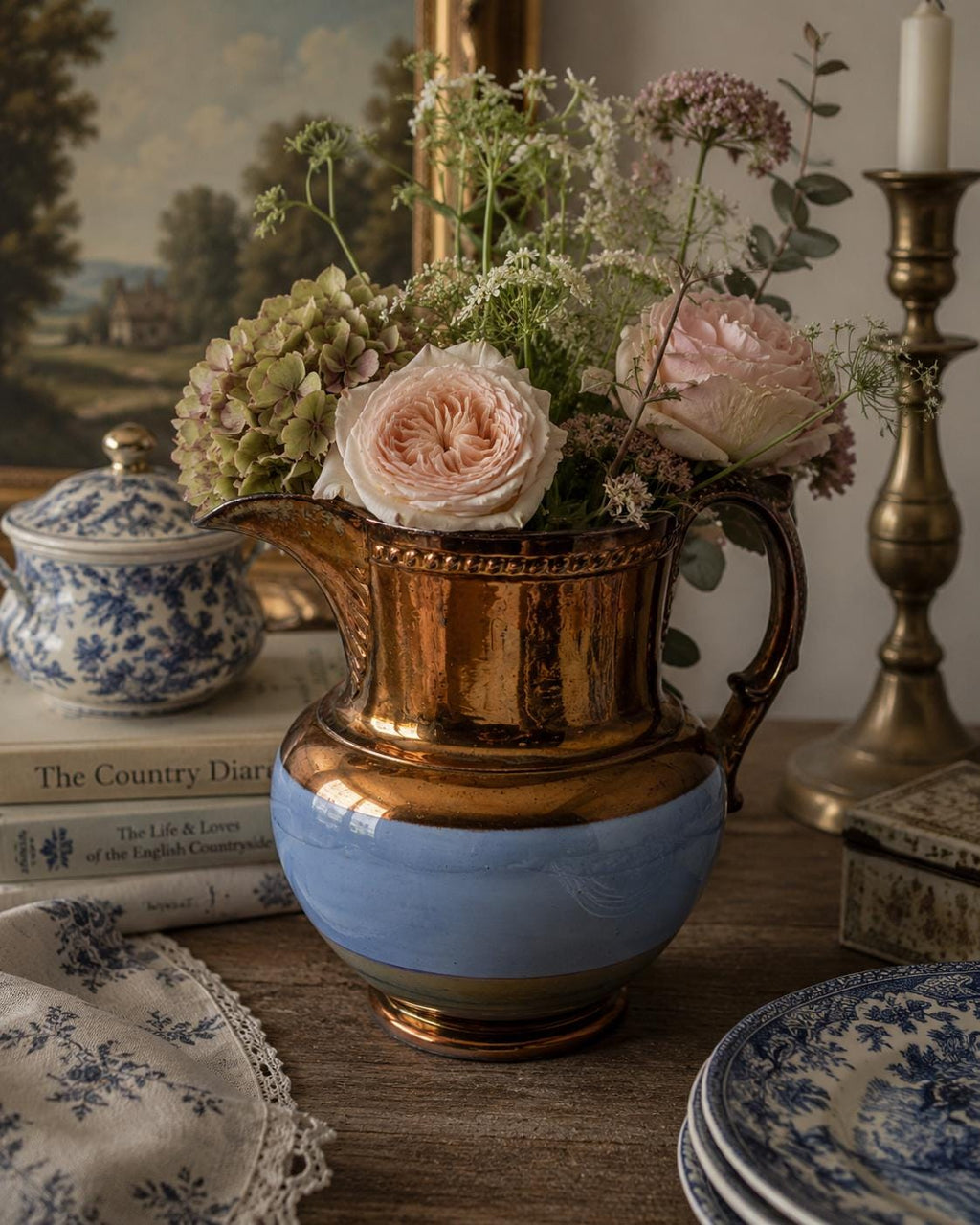 Antique English Staffordshire Lustreware Jug / Copper Lustre Pitcher / Blue Band Ceramic Vase / Victorian Country House Decor