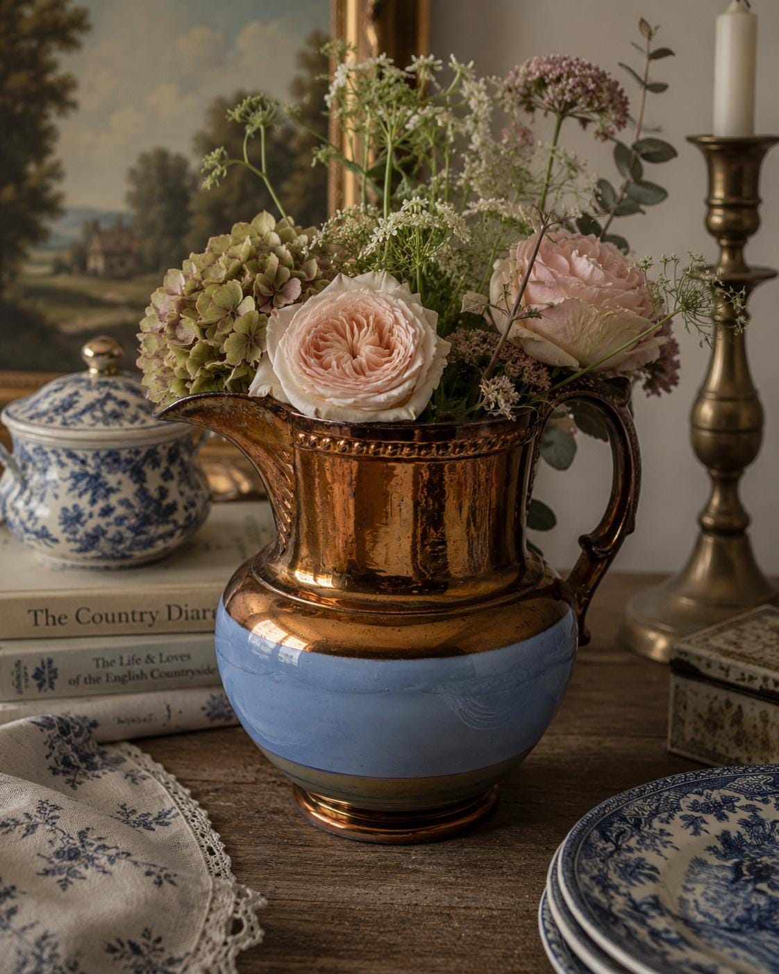 Antique English Staffordshire Lustreware Jug / Copper Lustre Pitcher / Blue Band Ceramic Vase / Victorian Country House Decor
