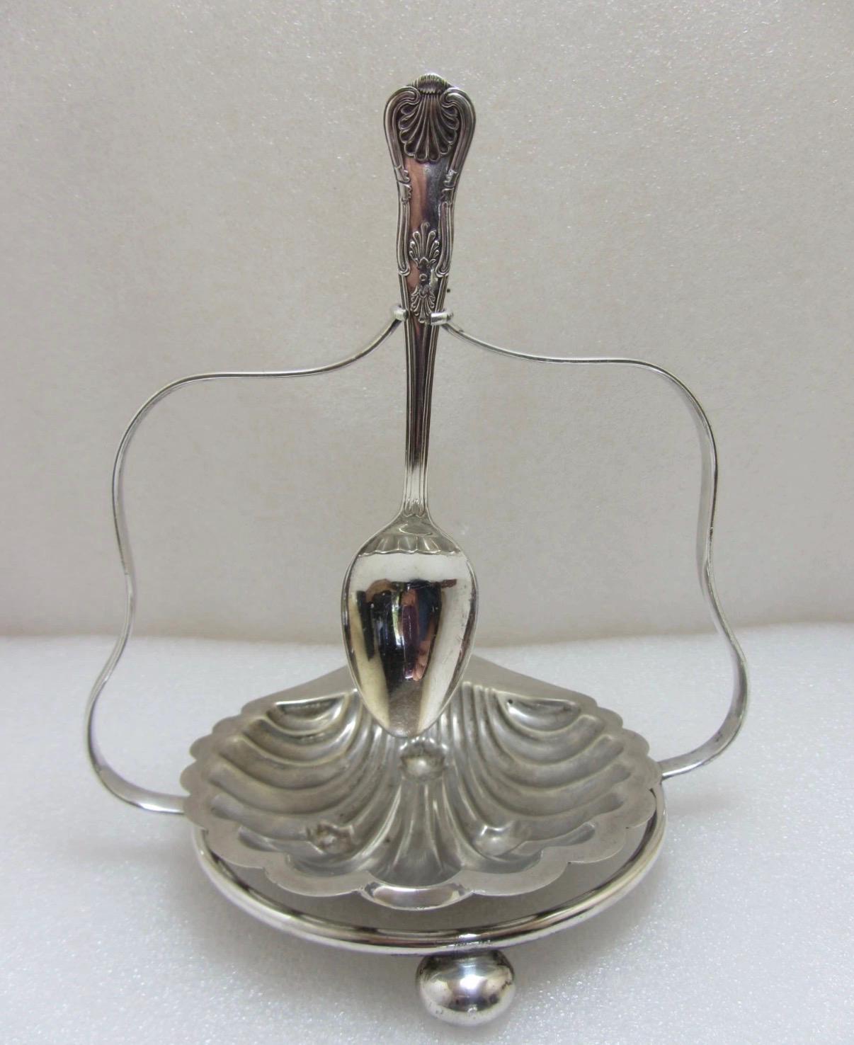 Vintage Silver Plate Clam Shell Butter & Caviar Dish with Suspended Spoon