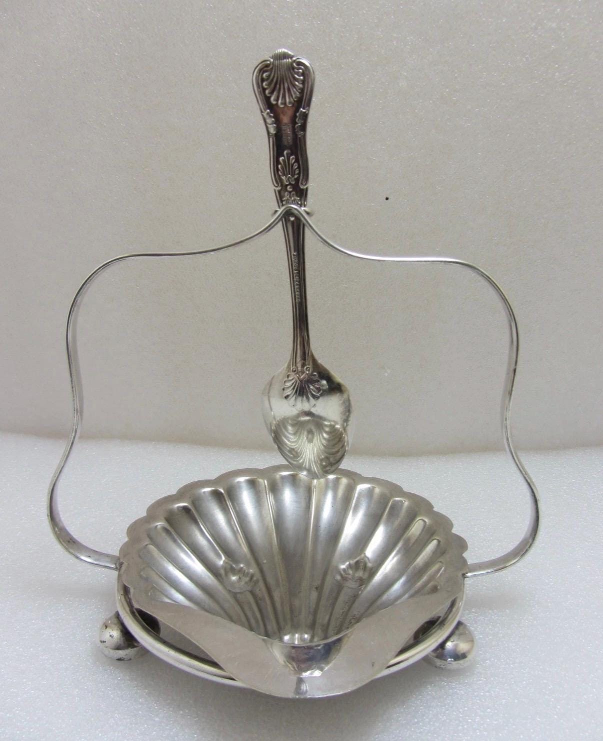 Vintage Silver Plate Clam Shell Butter & Caviar Dish with Suspended Spoon
