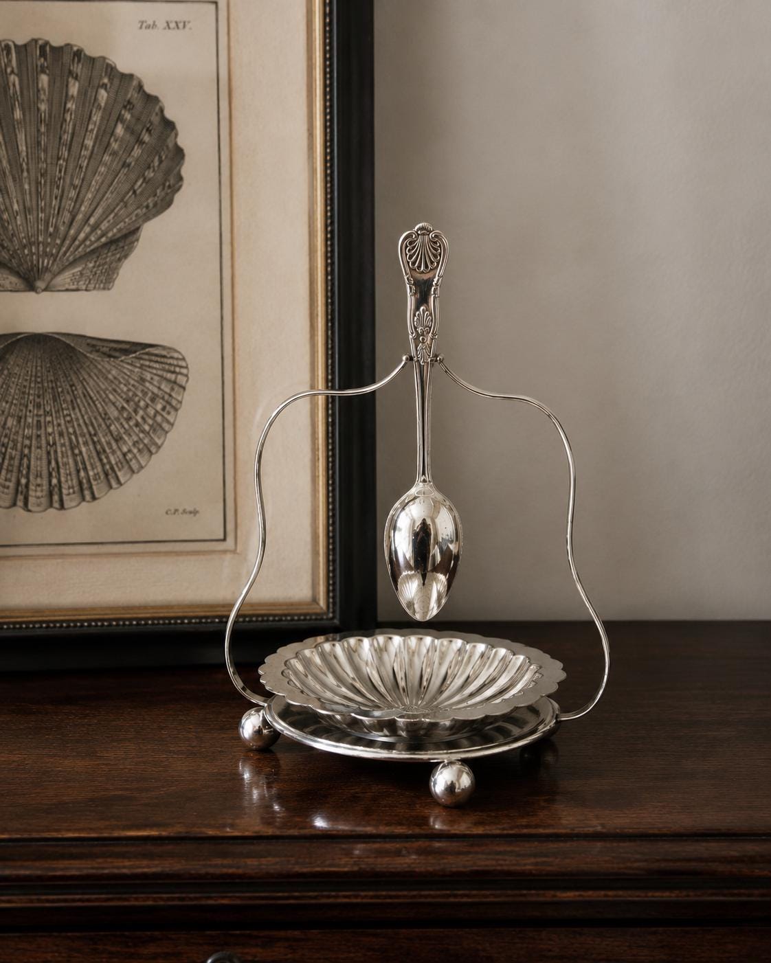 Vintage Silver Plate Clam Shell Butter & Caviar Dish with Suspended Spoon