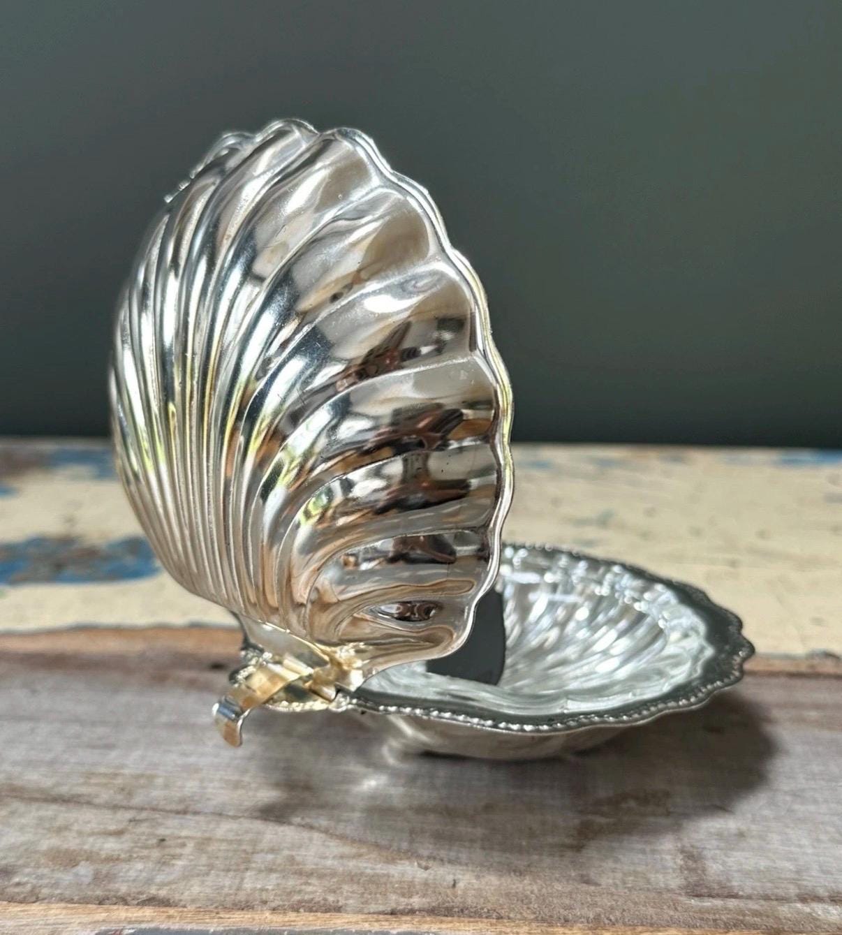 Vintage English Chromium-Plated Clam Shell Butter Dish with Original Glass Insert & Knife