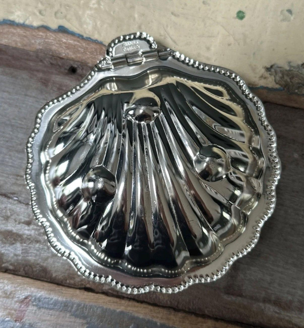 Vintage English Chromium-Plated Clam Shell Butter Dish with Original Glass Insert & Knife