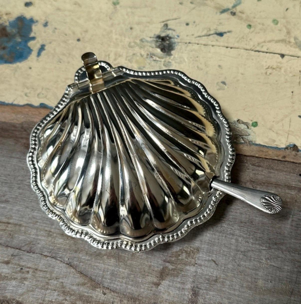 Vintage English Chromium-Plated Clam Shell Butter Dish with Original Glass Insert & Knife