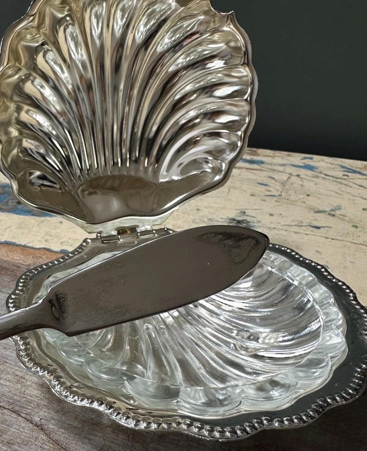 Vintage English Chromium-Plated Clam Shell Butter Dish with Original Glass Insert & Knife