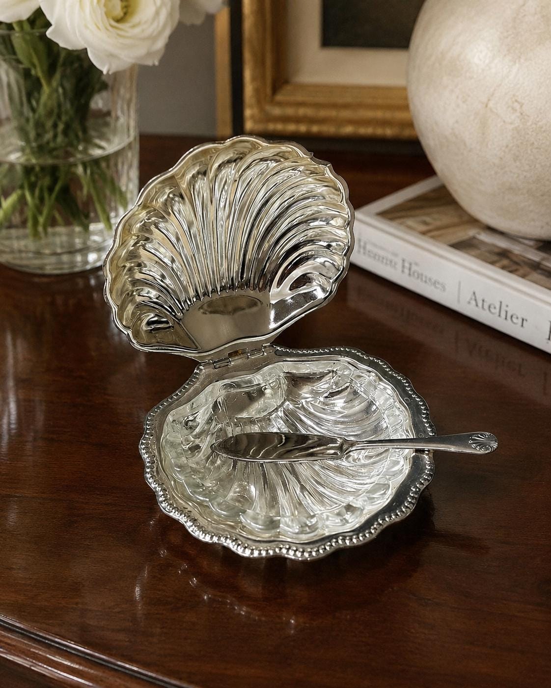 Vintage English Chromium-Plated Clam Shell Butter Dish with Original Glass Insert & Knife