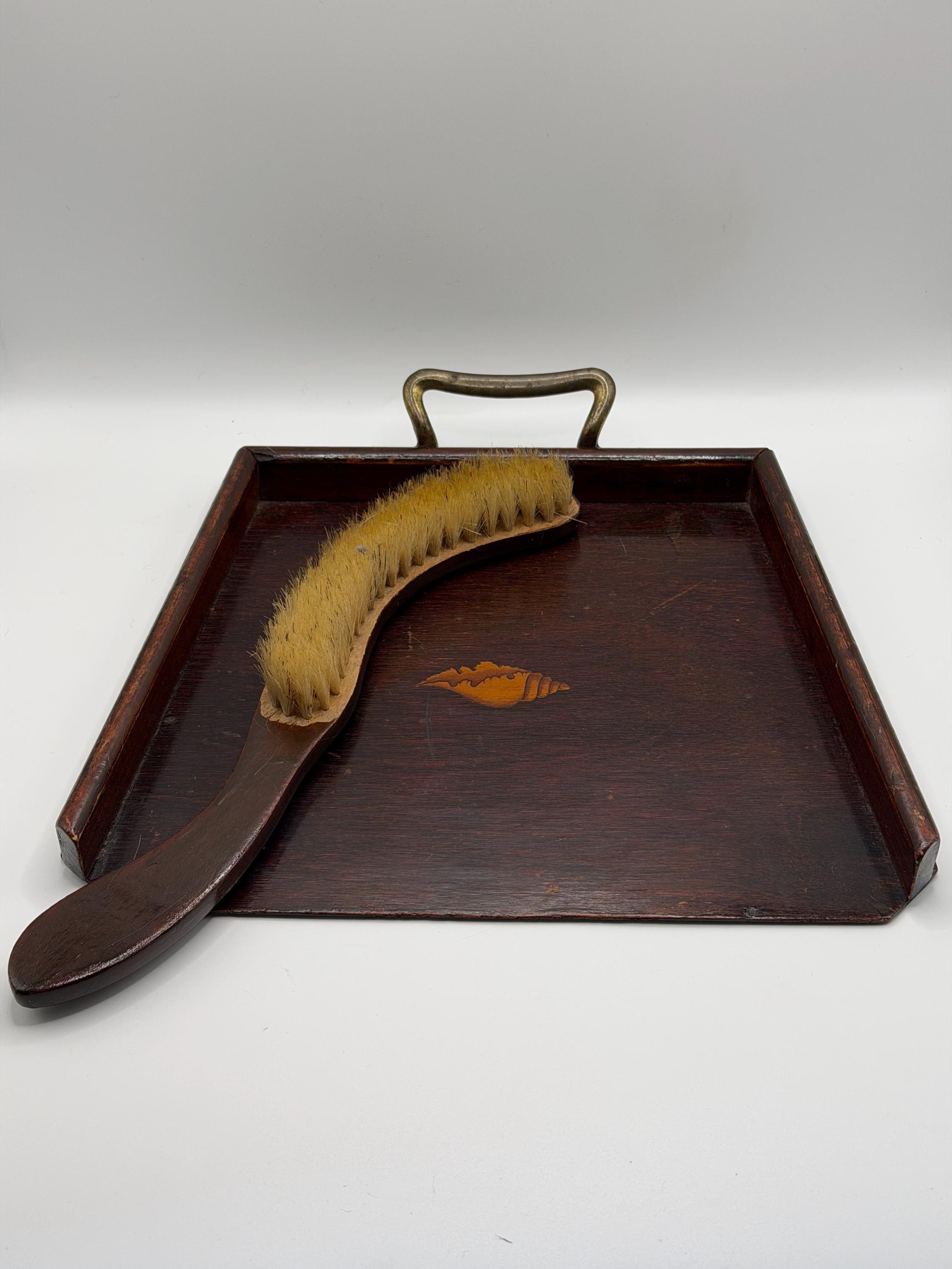 Vintage Wooden Crumb Tray & Brush with Inlaid Seashell Detail | Antique Tableware | Coastal Decor | Wooden Serving Tray |