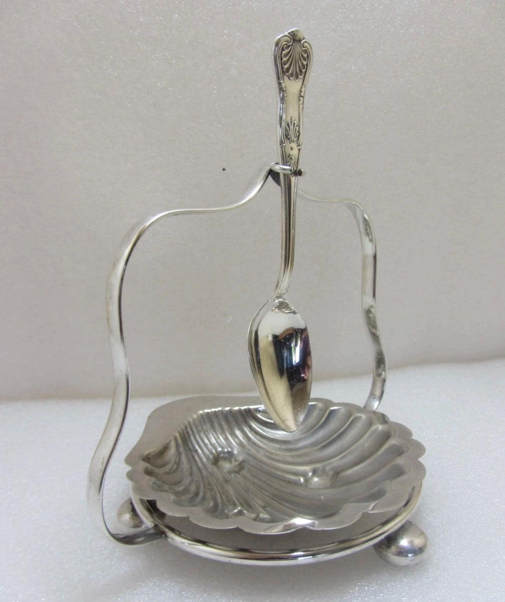 Vintage Silver Plate Clam Shell Butter & Caviar Dish with Suspended Spoon