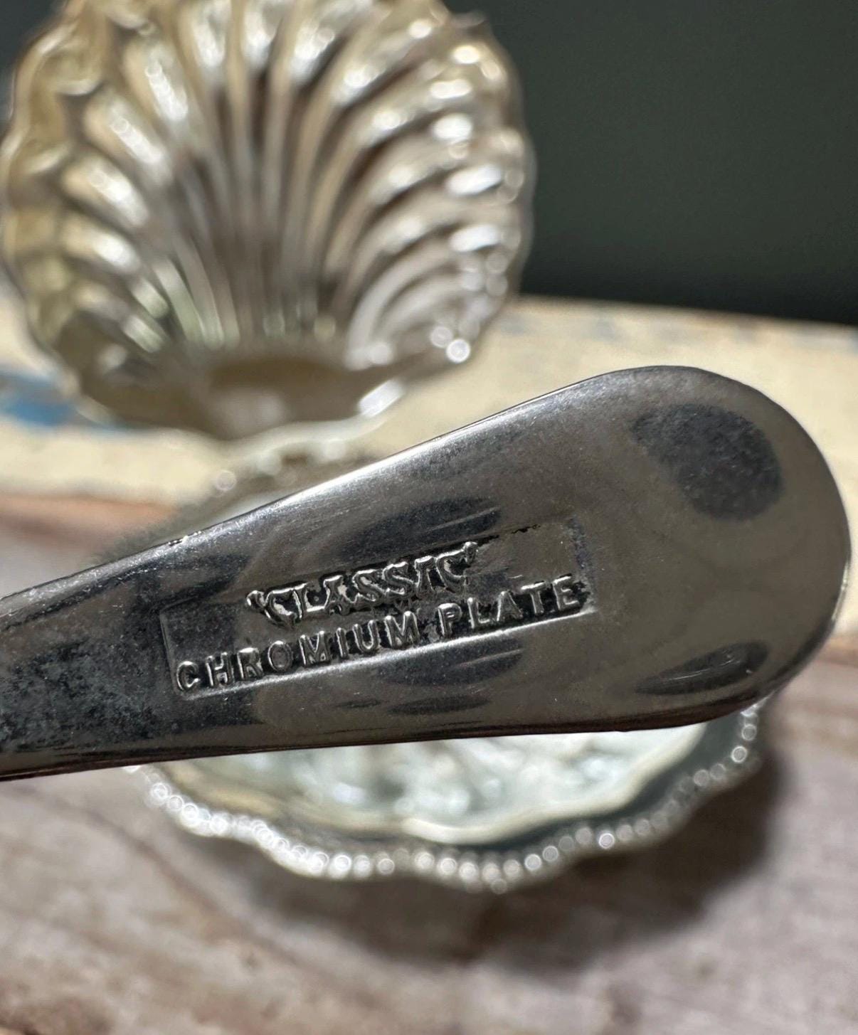 Vintage English Chromium-Plated Clam Shell Butter Dish with Original Glass Insert & Knife