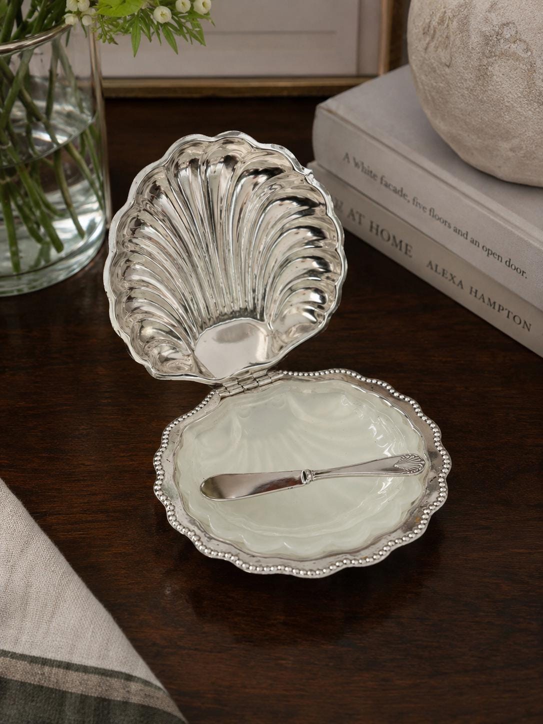 Vintage Queen Anne Clam Shell Butter Dish with Original Glass Insert & Original Box